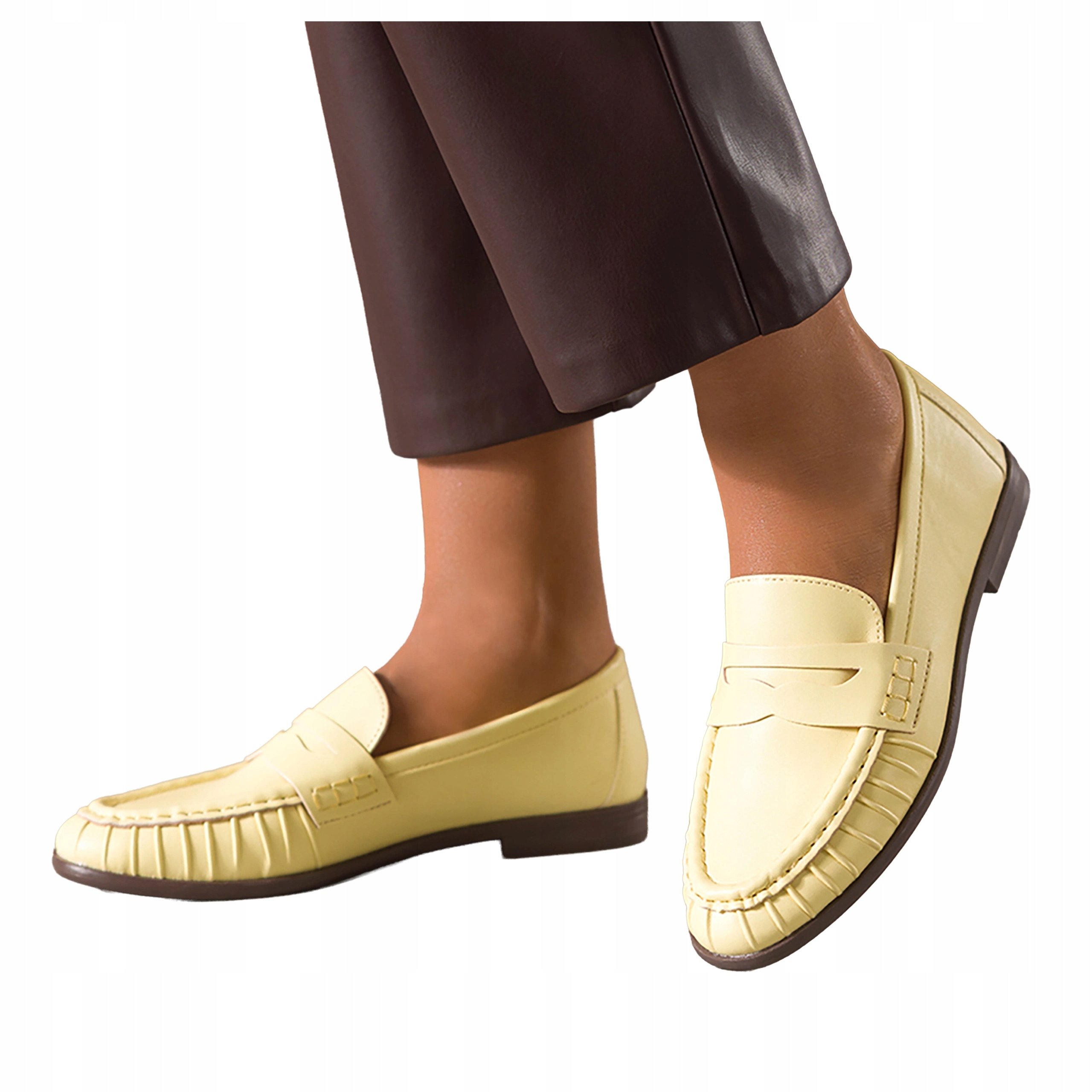 Mokasyny Żółte Damskie Płaskie Ozdobnie Przeszyta Cholewka r 37