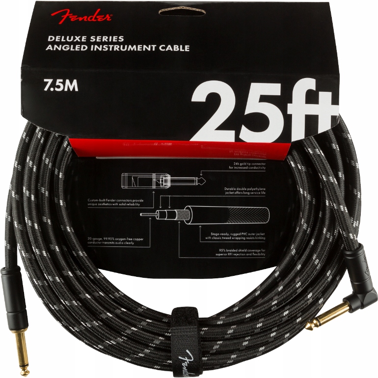 Kabel J-j 7,5m Fender Deluxe Series Tweed Blk Kątowy jack prosty jack