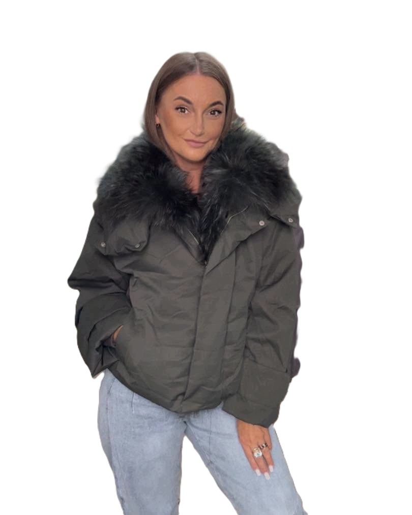 Kachní bunda z přírodního peří liška zelená Khaki s kapucí uni, M-XL, XXL