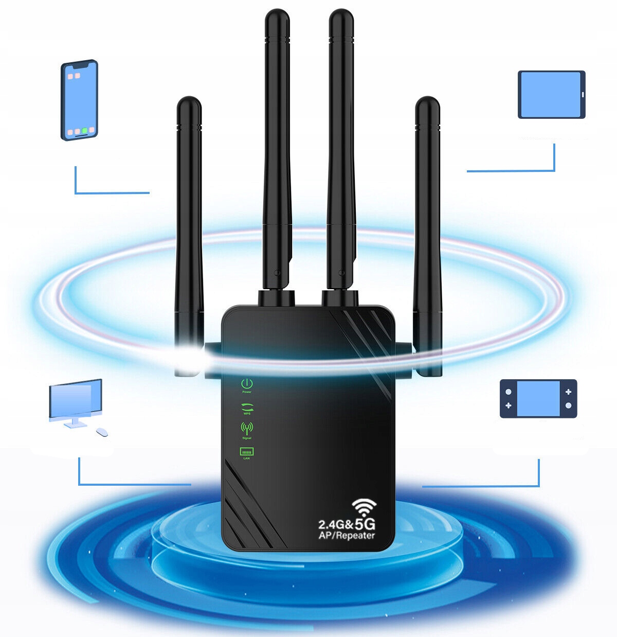 Zesilovač signálu WiFi sítě Repeater 2.4 GHz Velký dosah 1200 Mb/s 4 antény
