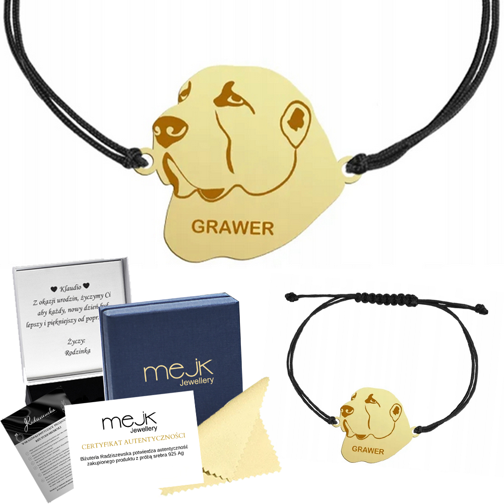 Zlatý náramek se středoasijským ovčákem Stříbro 925 Šňůra Gravírování