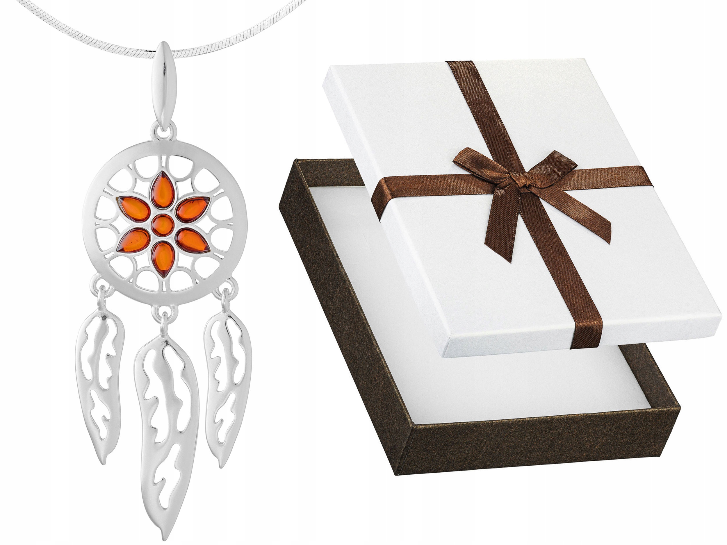 Velký stříbrný náhrdelník Amulet s jantarem Lapač Snů Krátký Choker 38 cm