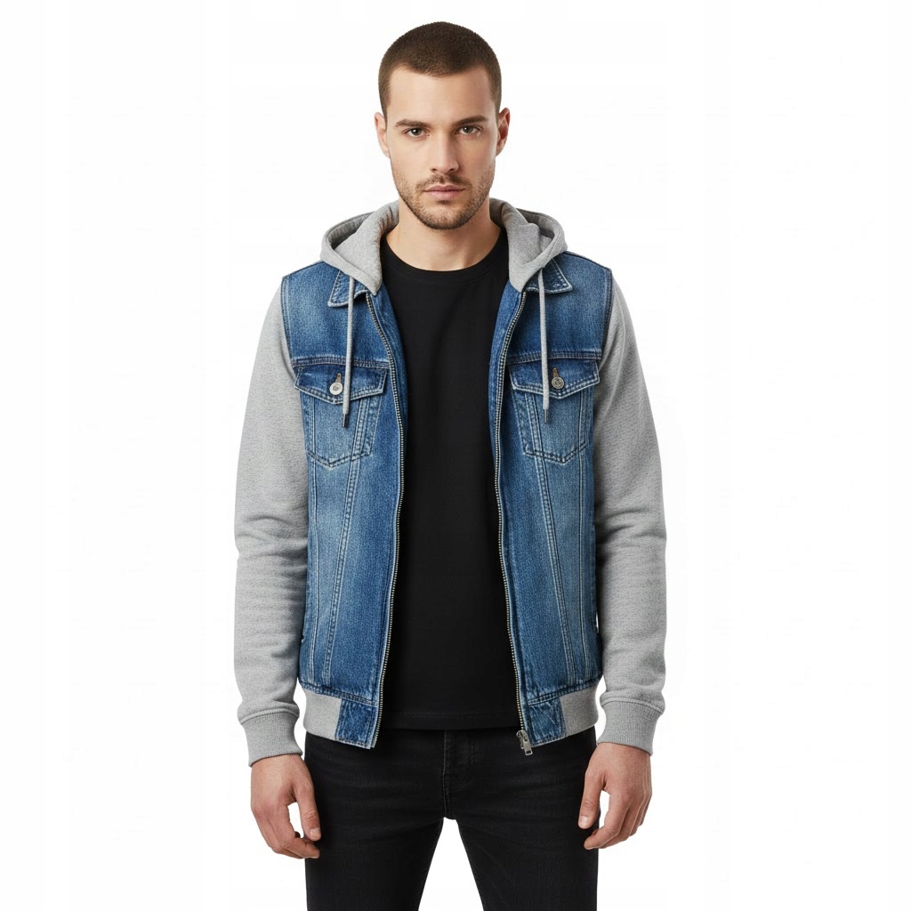 Pánská džínová bunda s kapucí Mikina Jeans Modrá bavlna, kvalita XXL