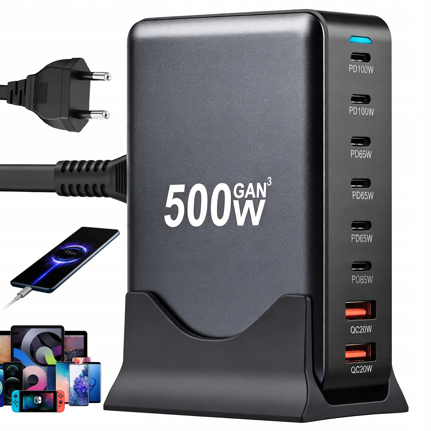Ładowarka 500W Usb C Z Ośmioma Portami Pd Qc Do Wielu Urządzeń