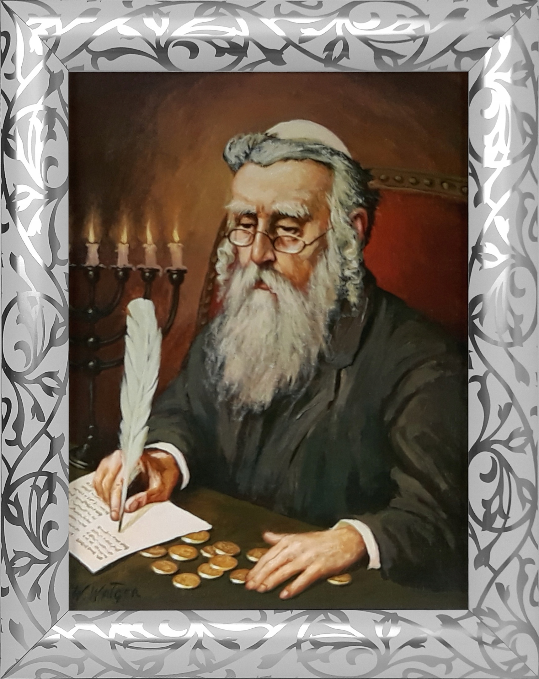 OBRAZ 49x39 ŻYD LICZĄCY PIENIĄDZE BIAŁA RAMA