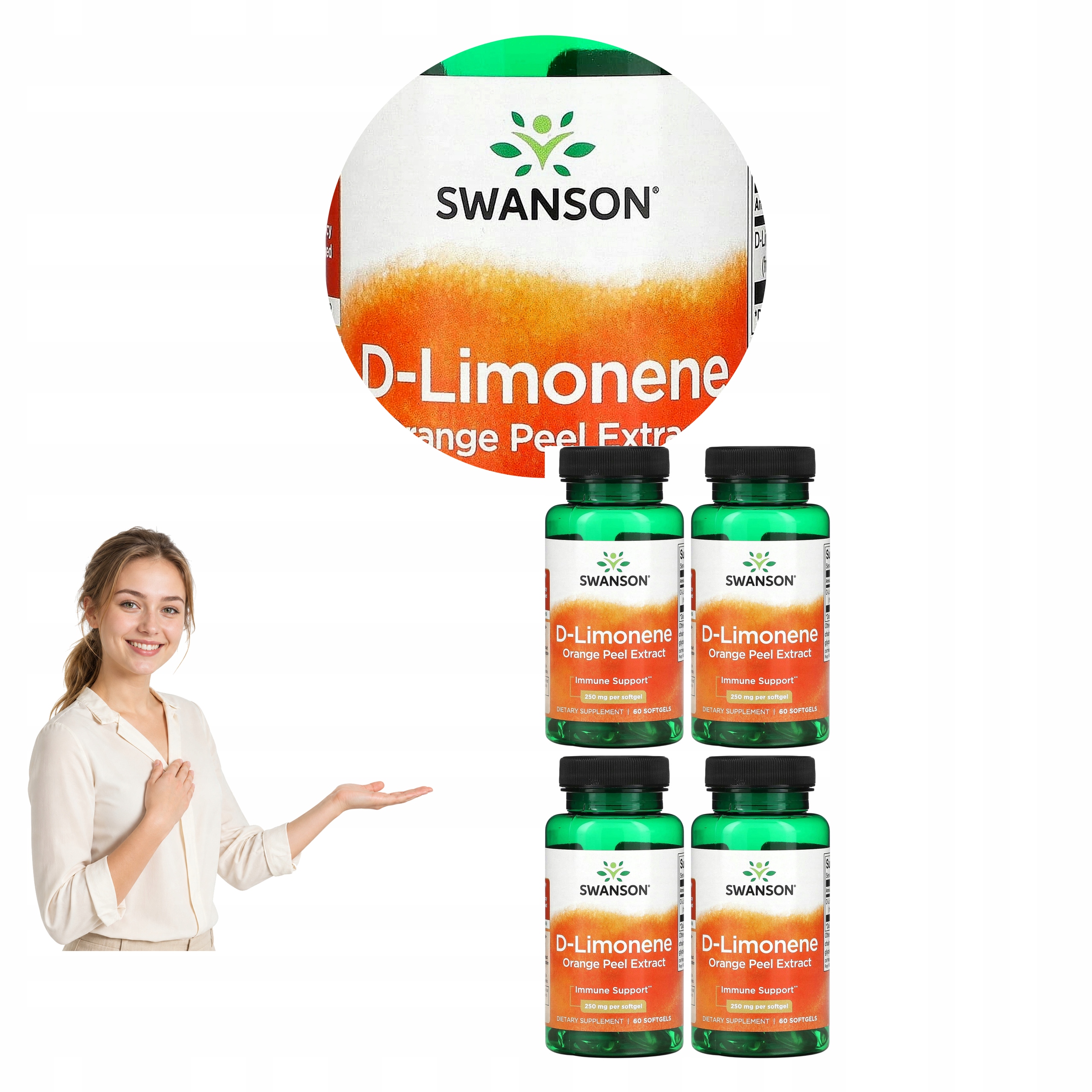 4x Swanson D-limonen ze Skórki Pomarańczy 250 mg Limonene Terpen 60 kaps.