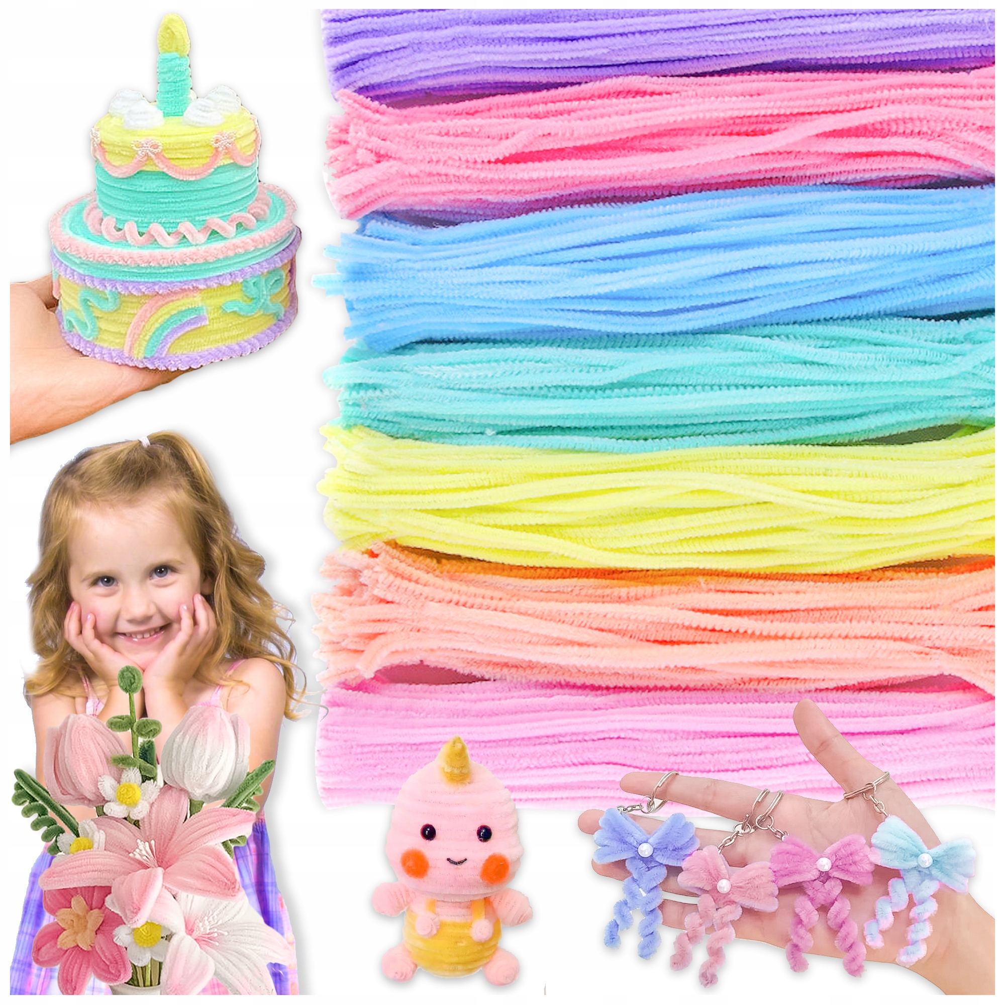 Druciki wielokolorowe pastelowe ozdobne pluszowe 7 kolorów 30 cm 100 szt