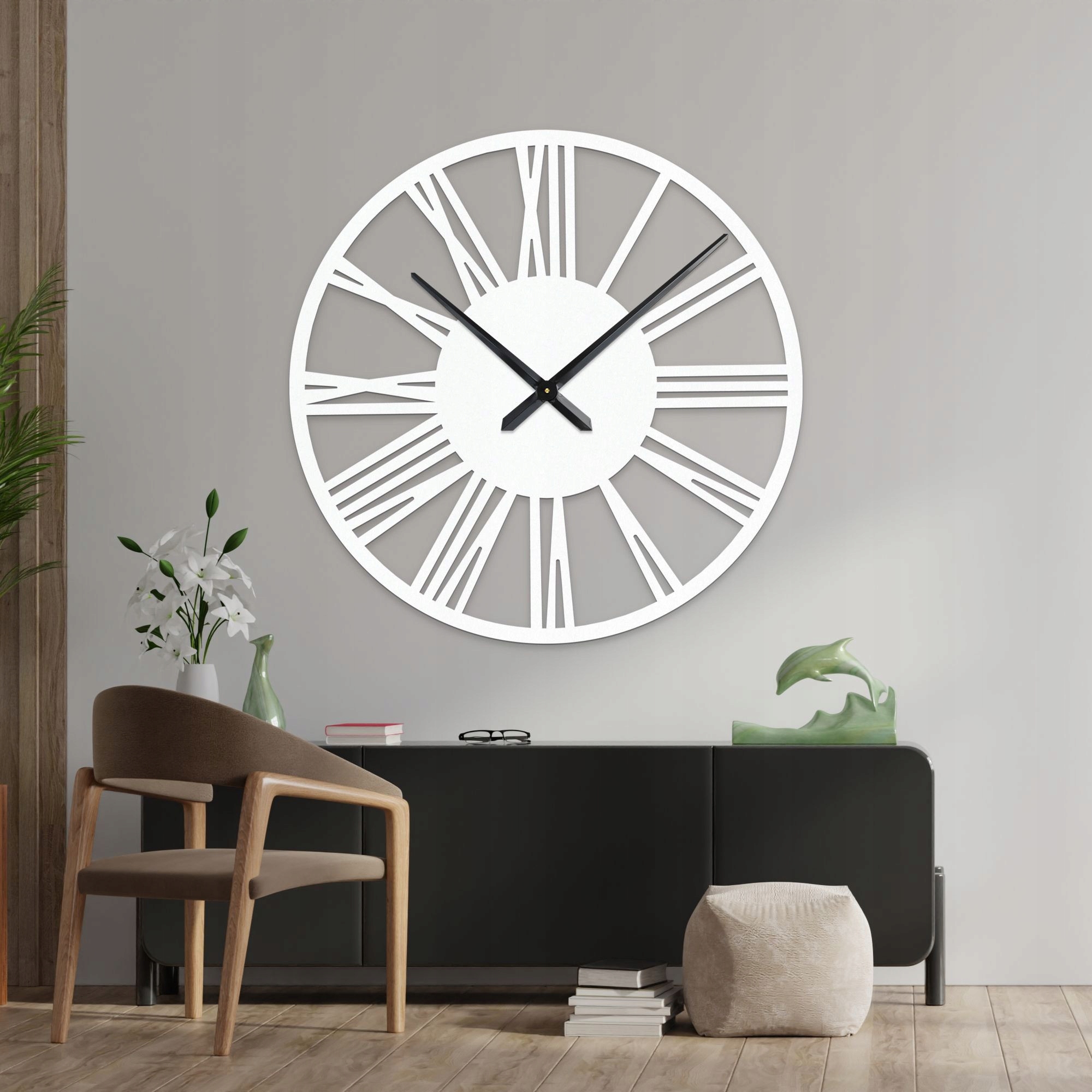 Veľké nástenné hodiny bielo, rímske číslice, čierne ručičky, 80cm