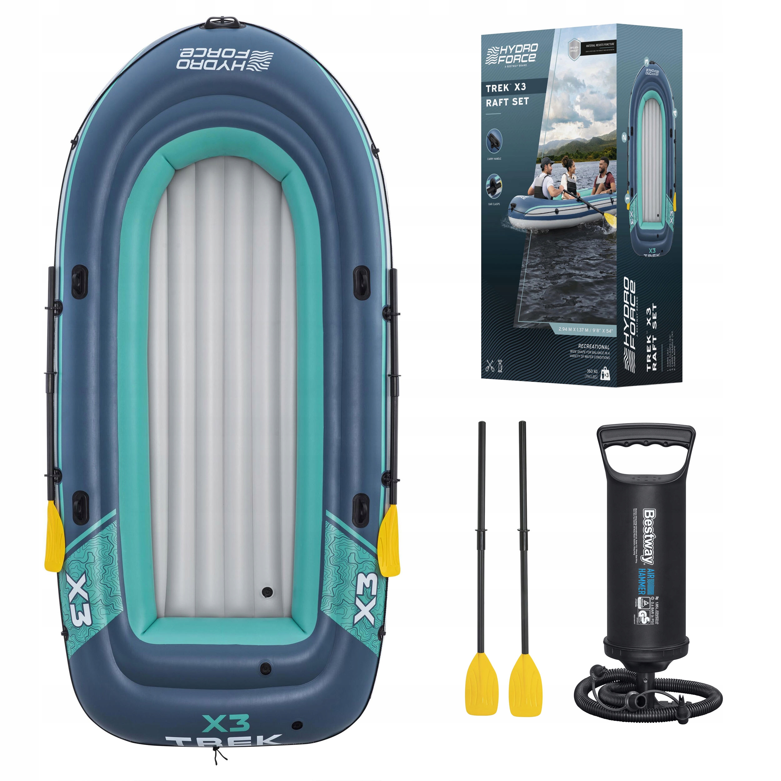 Raft Nafukovací Hydro-force Trek X 3 Sada Pádel Pumpa Pro 3 Osoby Bestway