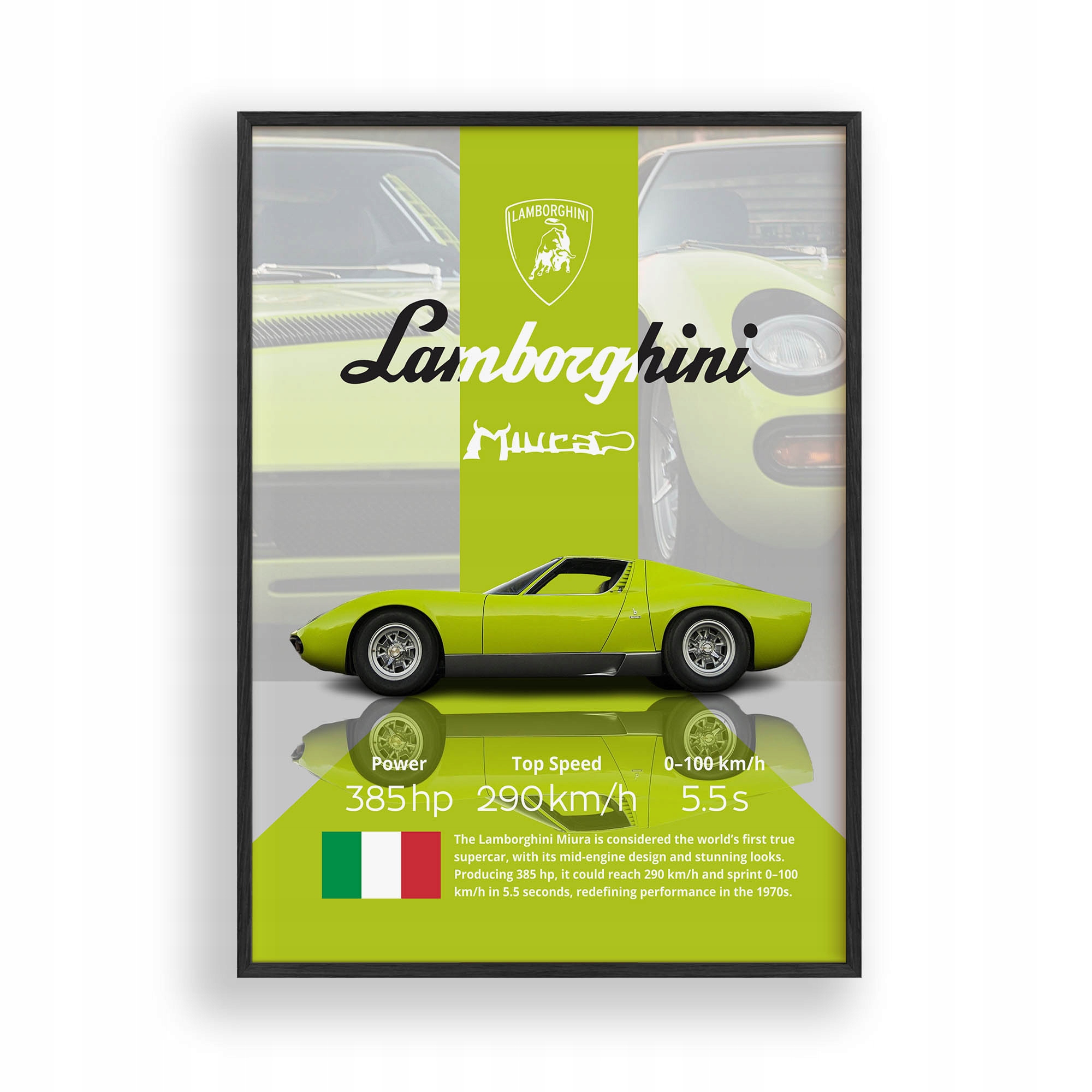 Obraz Auto Lamborghini Miura Plakát Rámeček Dřevěný Černý 30x42 cm