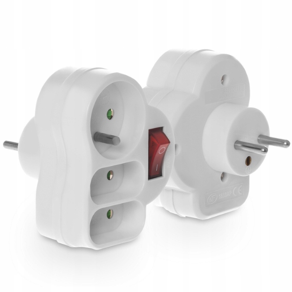 Rozgałęźnik Potrójny Wtyczkowy z Włącznikiem Wyłącznikiem Biały Gniazdko