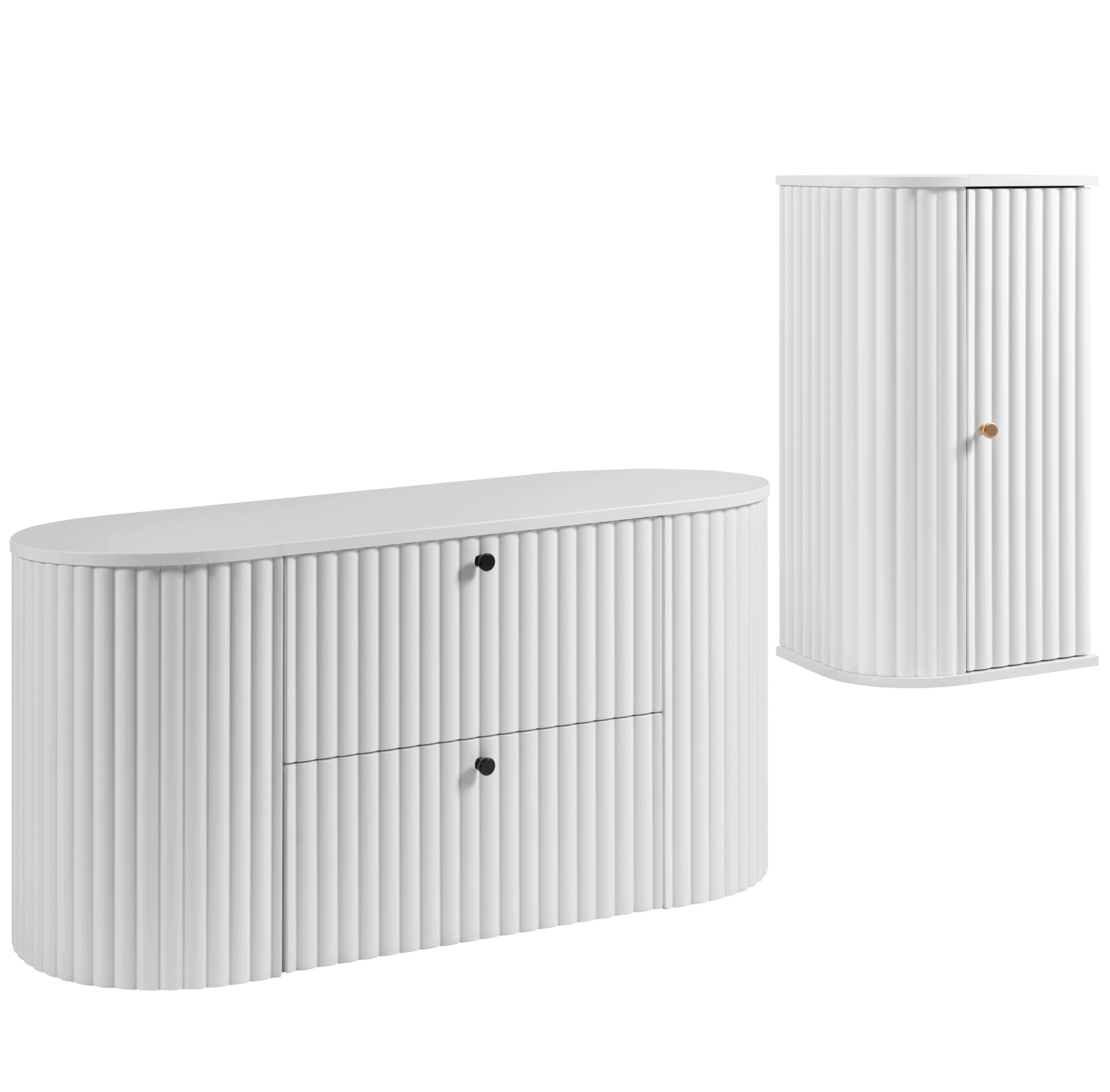 Závěsná koupelnová skříňka – polosloupek, sada 120 cm, zaoblená, bílá s drážkovaným Mdf čelem