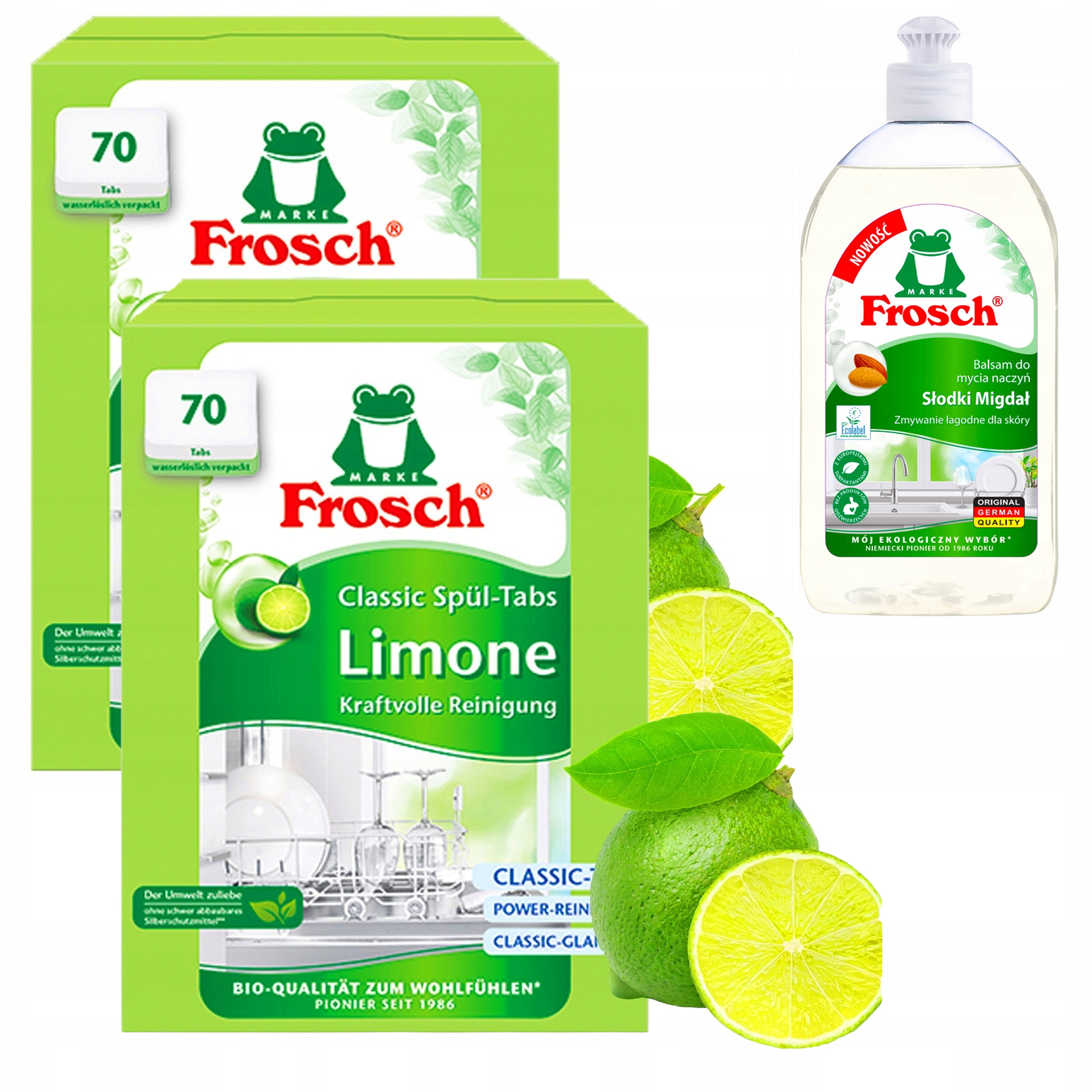 Levně Tablety Do Myčky Frosch eko Limetka 2 x 70 Ks ALL-IN-1 Gel Bonus