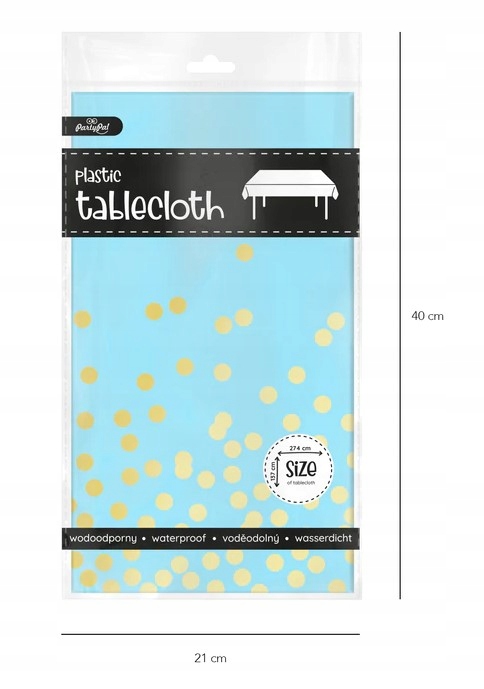 Obrus niebieski w kropki konfetti złote 137x274cm Marka PartyPal