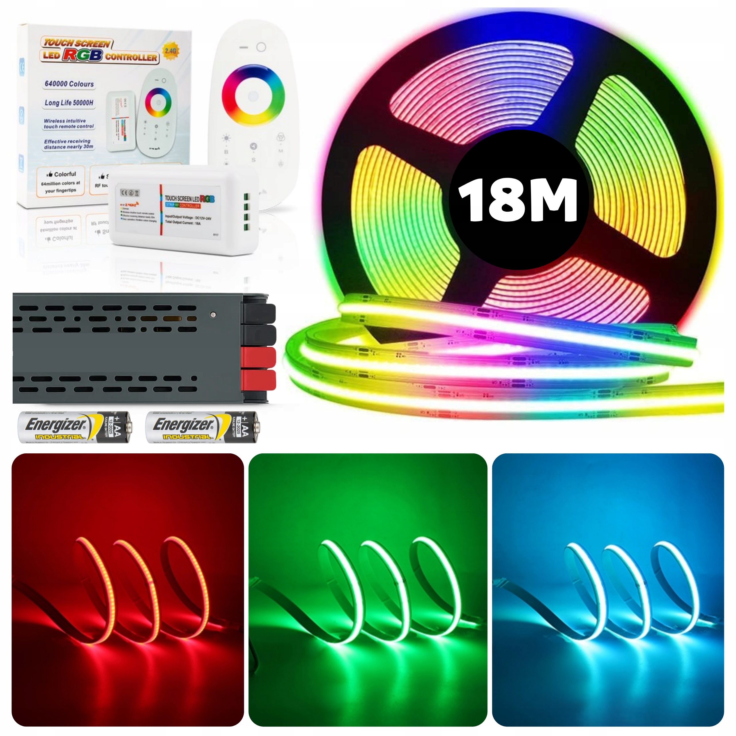 Set 18M Led neónová páska Cob Rgb 840 diód 15W 24V s diaľkovým ovládaním a napájacím zdrojom