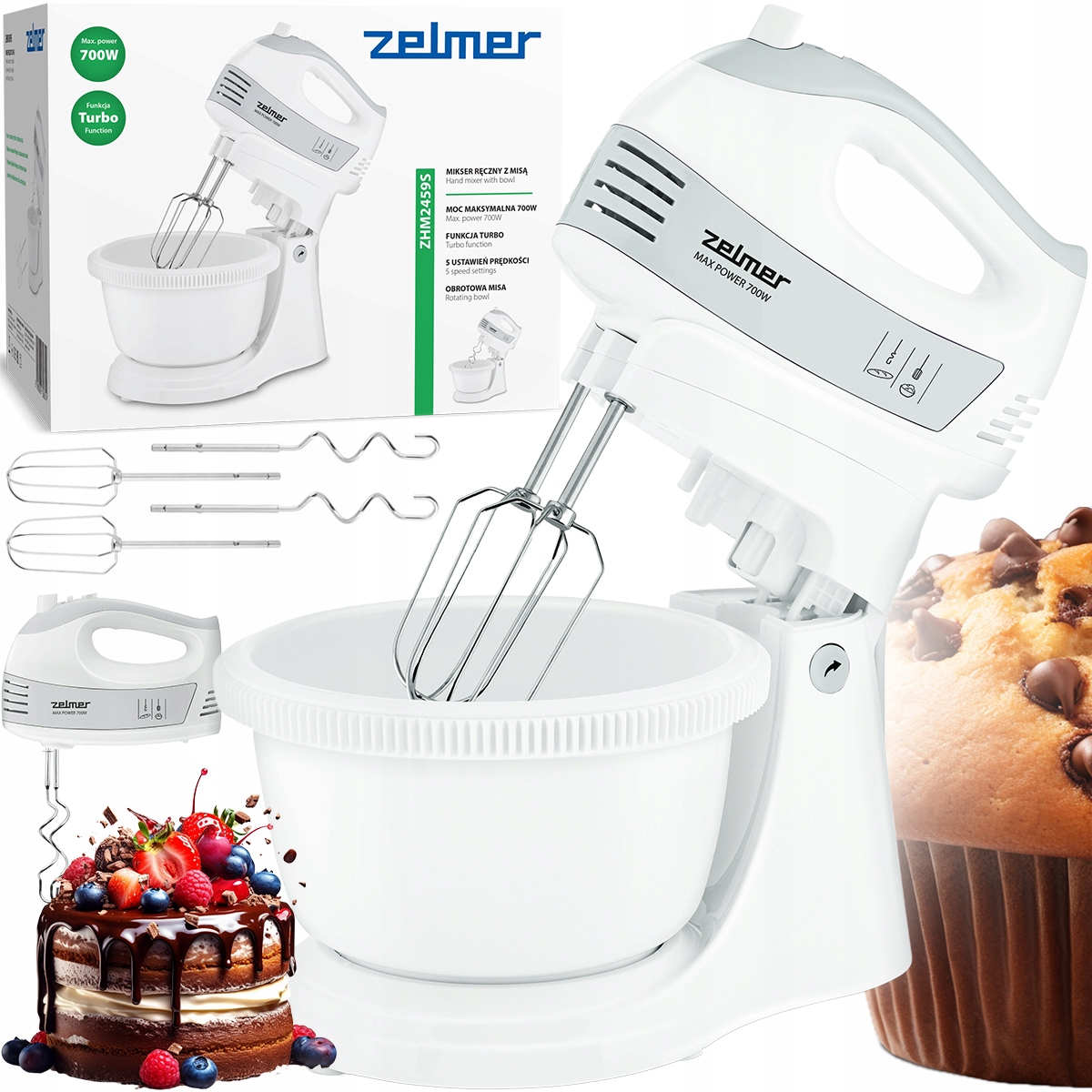 Mikser Ręczny Zelmer Lekki Robot Kuchenny Z Misą 2,5L 4 Końcówki Turbo 700W