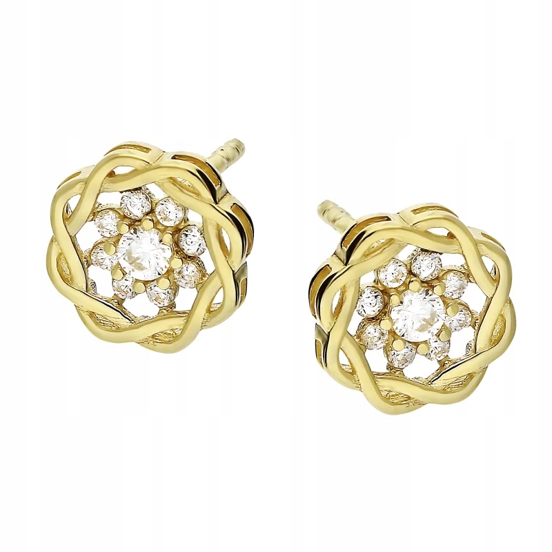 zlaté náušnice pro ženu 585, módní pletené kytičky se zirkony, 1.12 g