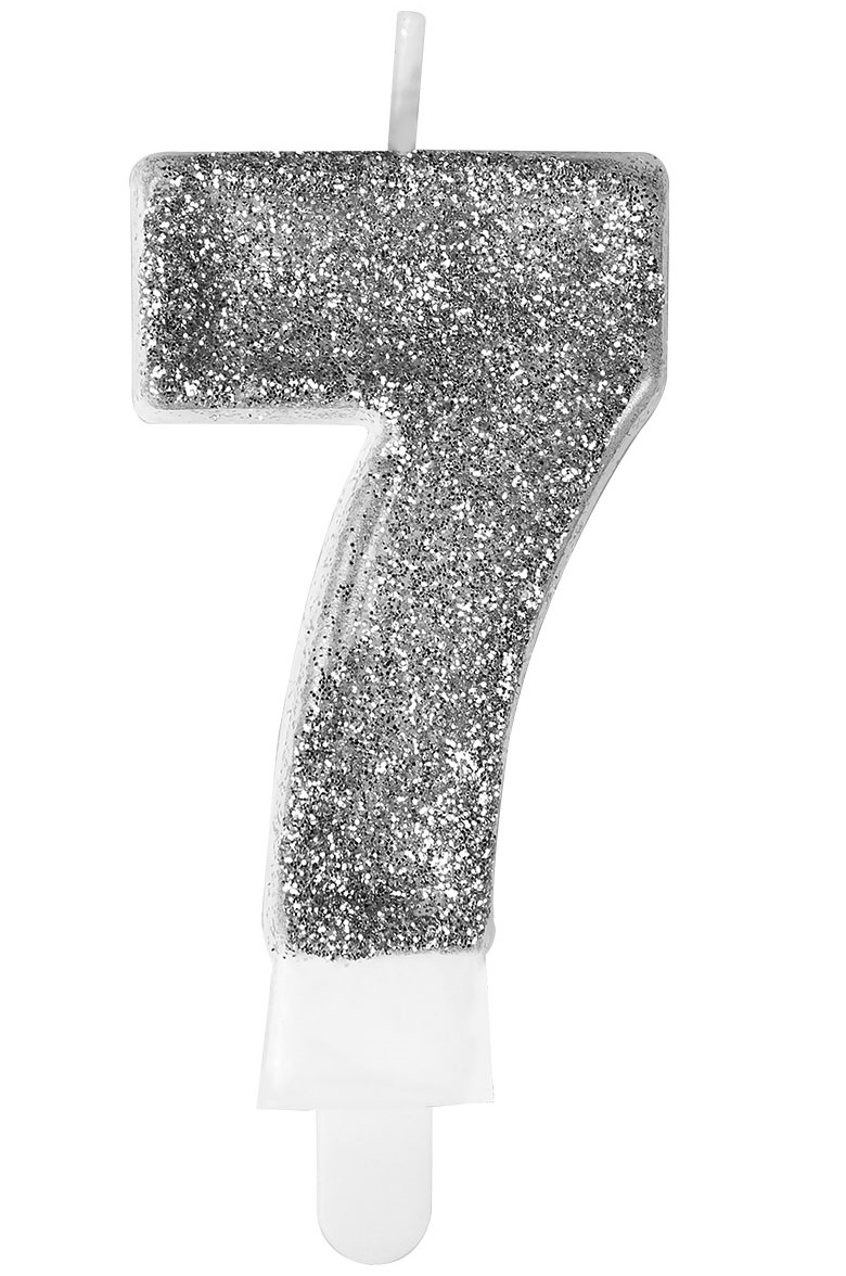 ŚWIECZKA URODZINOWA BROKATOWA CYFERKA 7 SREBRNA cyfra urodziny