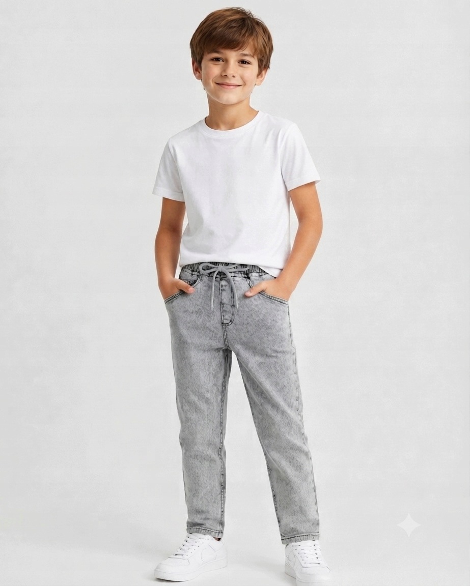 Spodnie chłopięce Jeans Zwężane Jasno szare Pas na gumie Bawełna Rozm. 146
