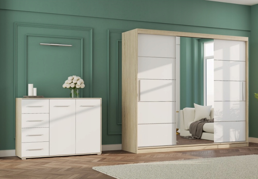 Zestaw szafa przesuwna ALBA 250 lustro komoda FRIDA szuflady kolory półki Wysokość mebla 218 cm