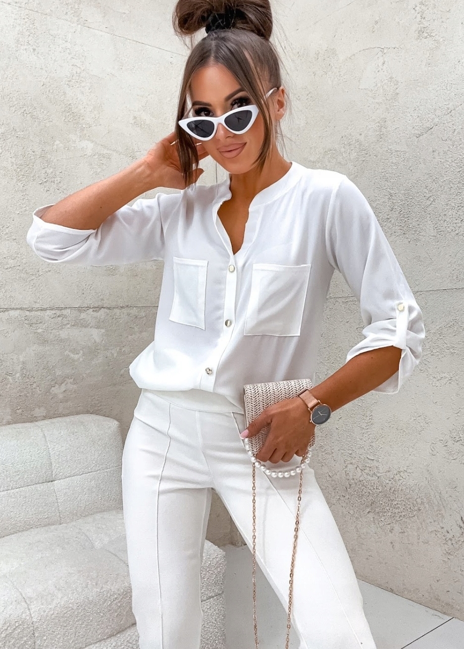DAMSKA ELEGANCKA BLUZKA KOSZULA LUŹNA OZDOBNE GUZIKI PL PRODUCENT BIAŁA L Kolekcja WIOSNA/LATO