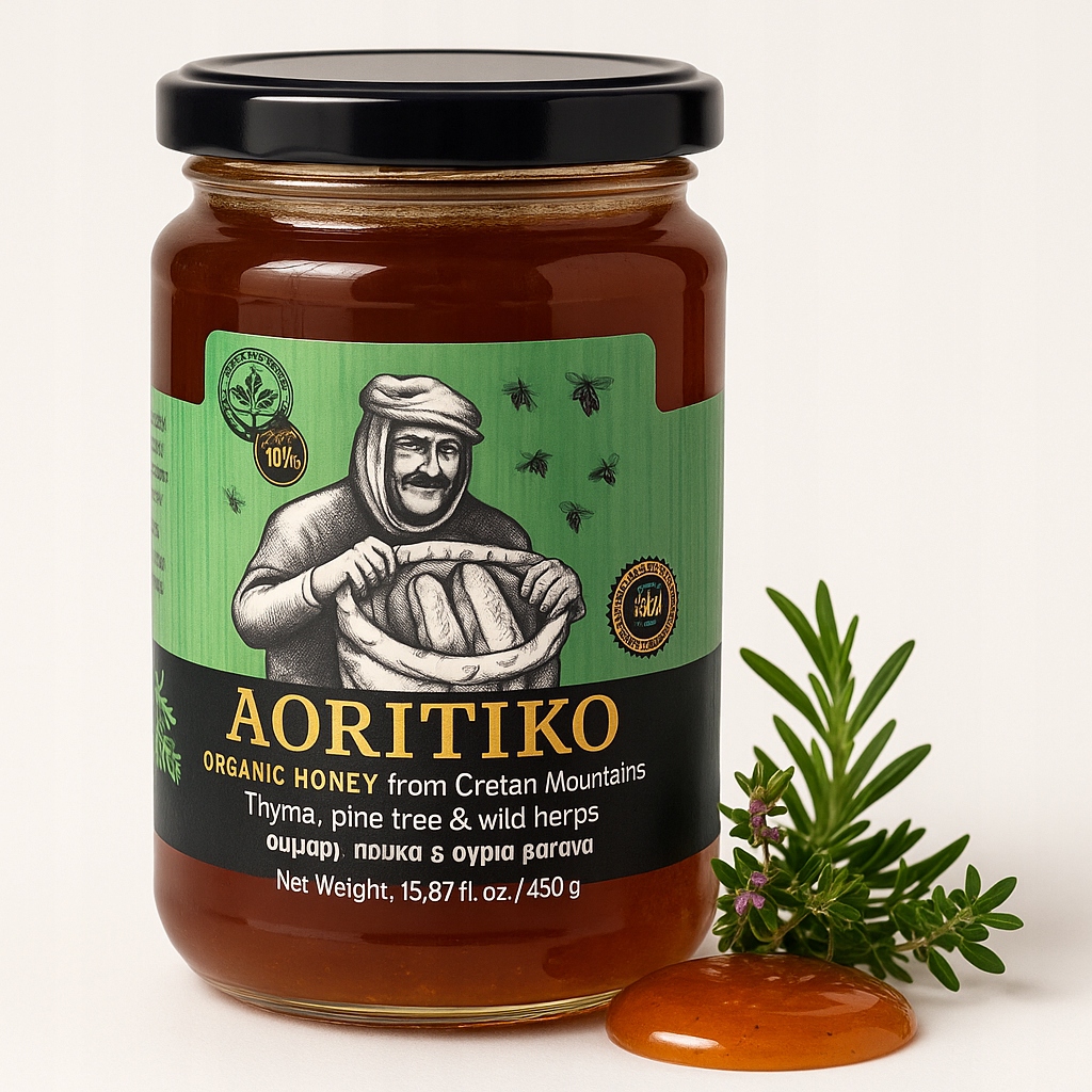 Levně Řecký med Aoritiko Bio 450 g Tymián, Borovice a Divoce rostoucí bylinky