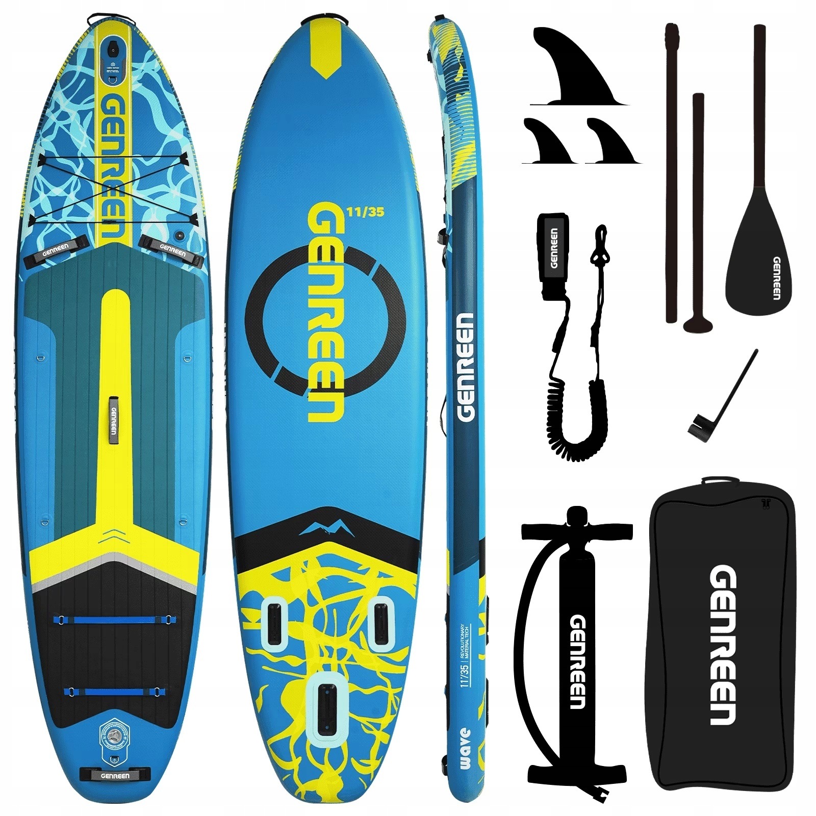 GenreenHub Deska Sup 335x89x15 cm Niebieska Zestaw Pompka Wiosło Torba
