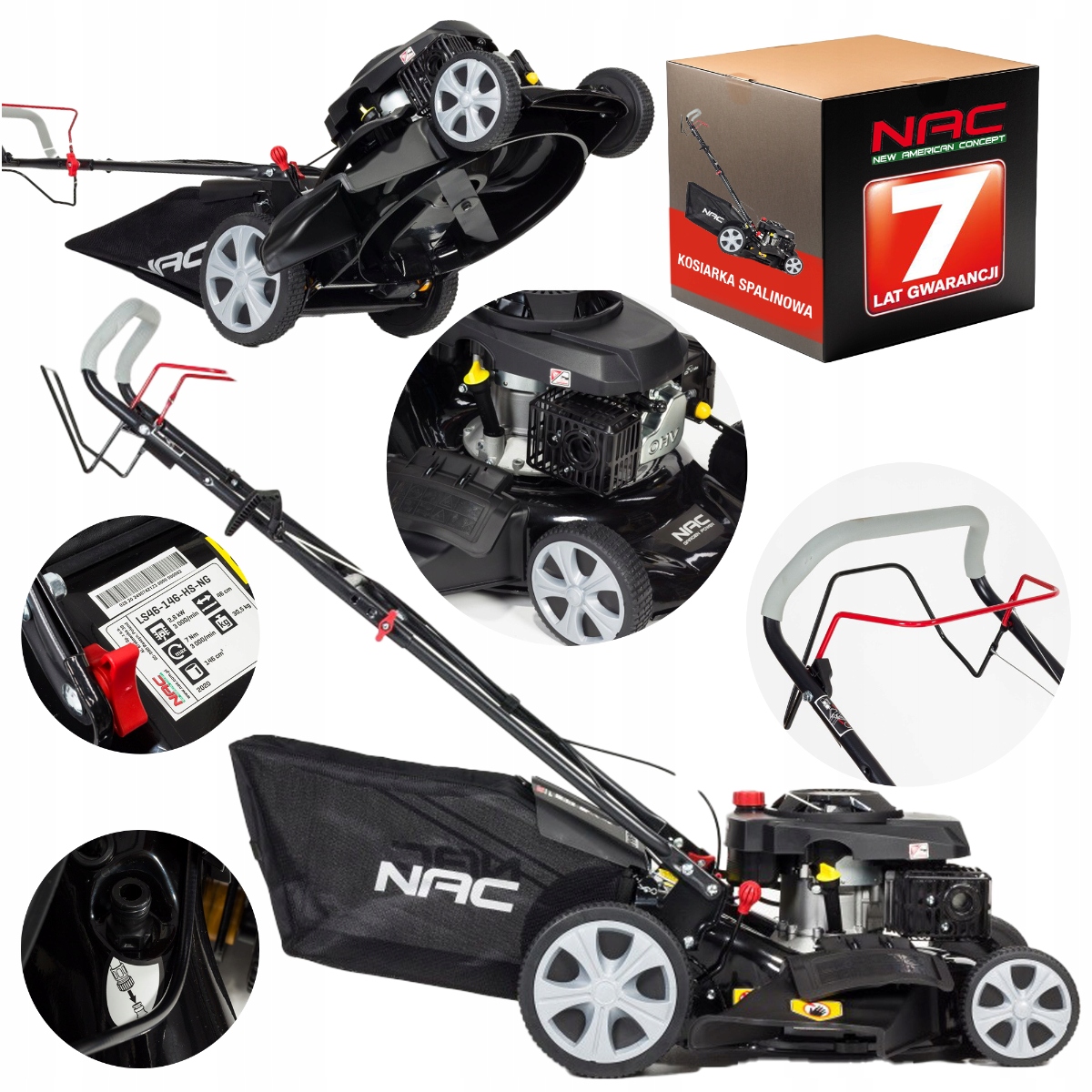 Kosiarka Spalinowa Nac Z Napędem 146CM3 60L 46CM Mulczowanie Wyrzut Boczny