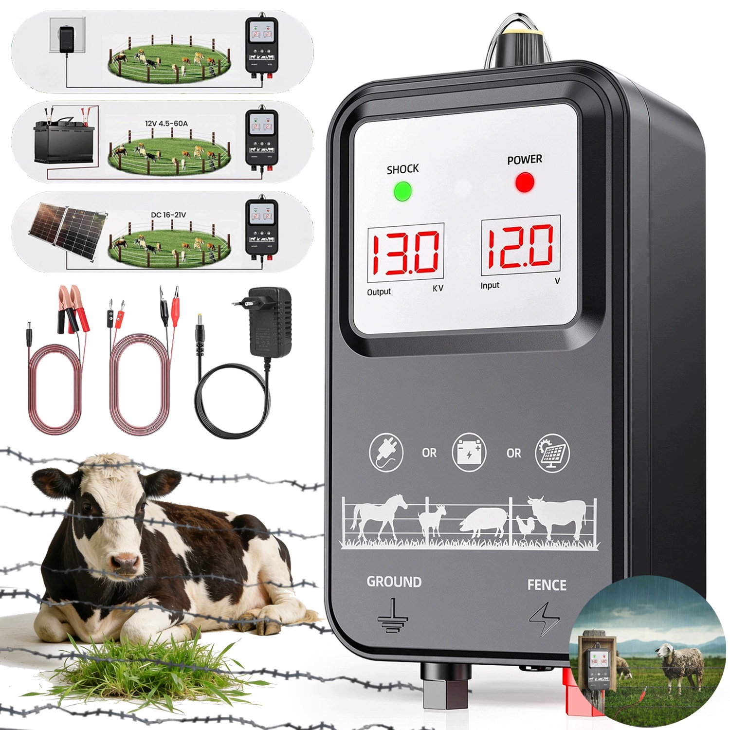 Elektrický Voděodolný Pastuch LCD Dosah 2J Pro Sadu Drůbežárny 7-13 Kv