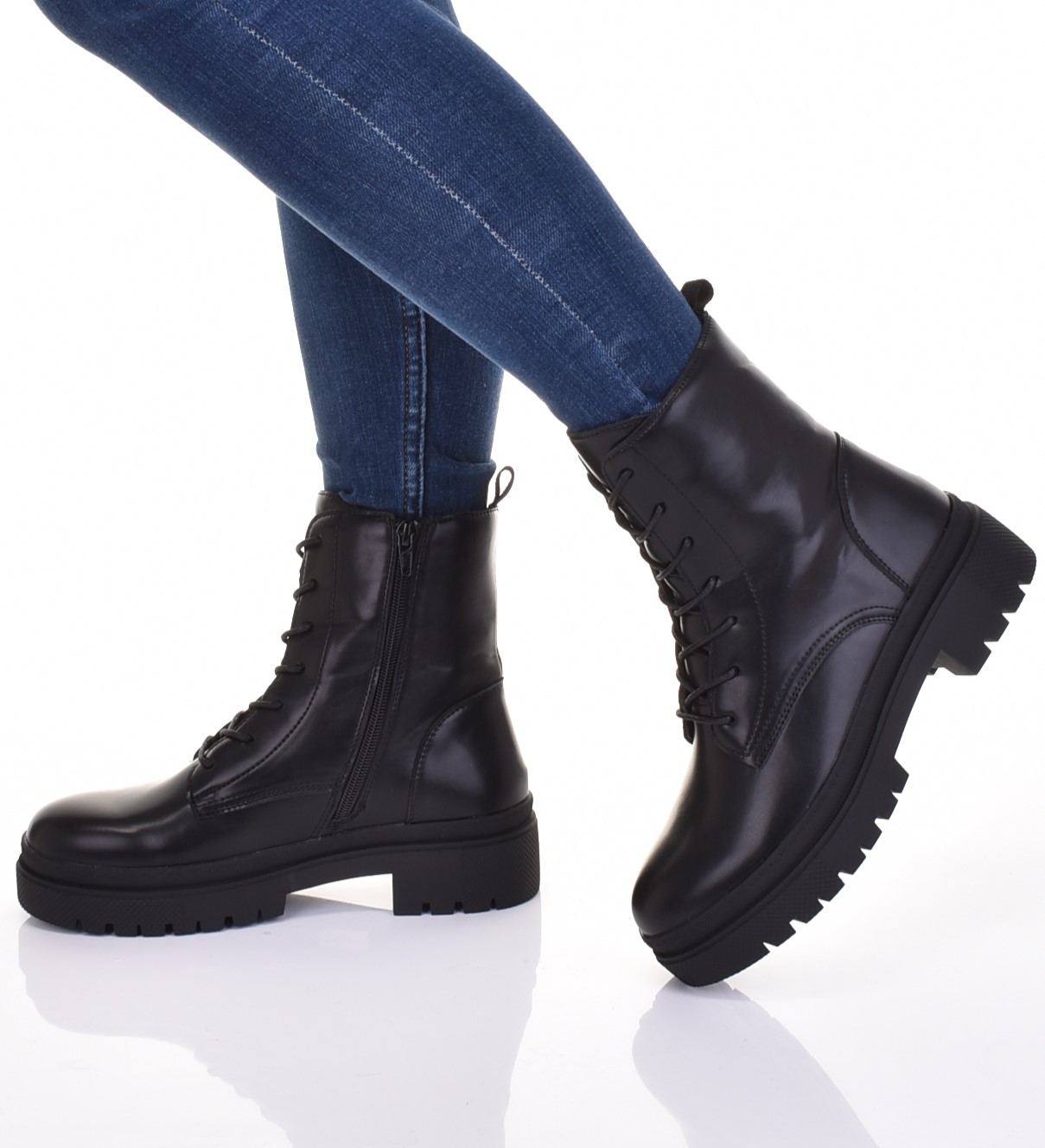 GLANY DAMSKIE SKÓRZANE WORKERY NA PLATFORMIE SZNUROWANE NA ZAMEK CZARNE Rozmiar 41