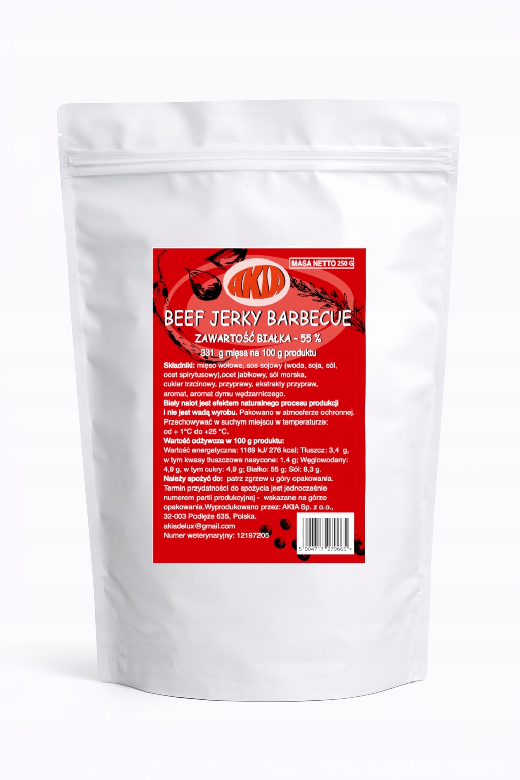 Levně Akia Beef Jerky, sušené maso, sušené hovězí maso Barbecue, Bbq 250 G