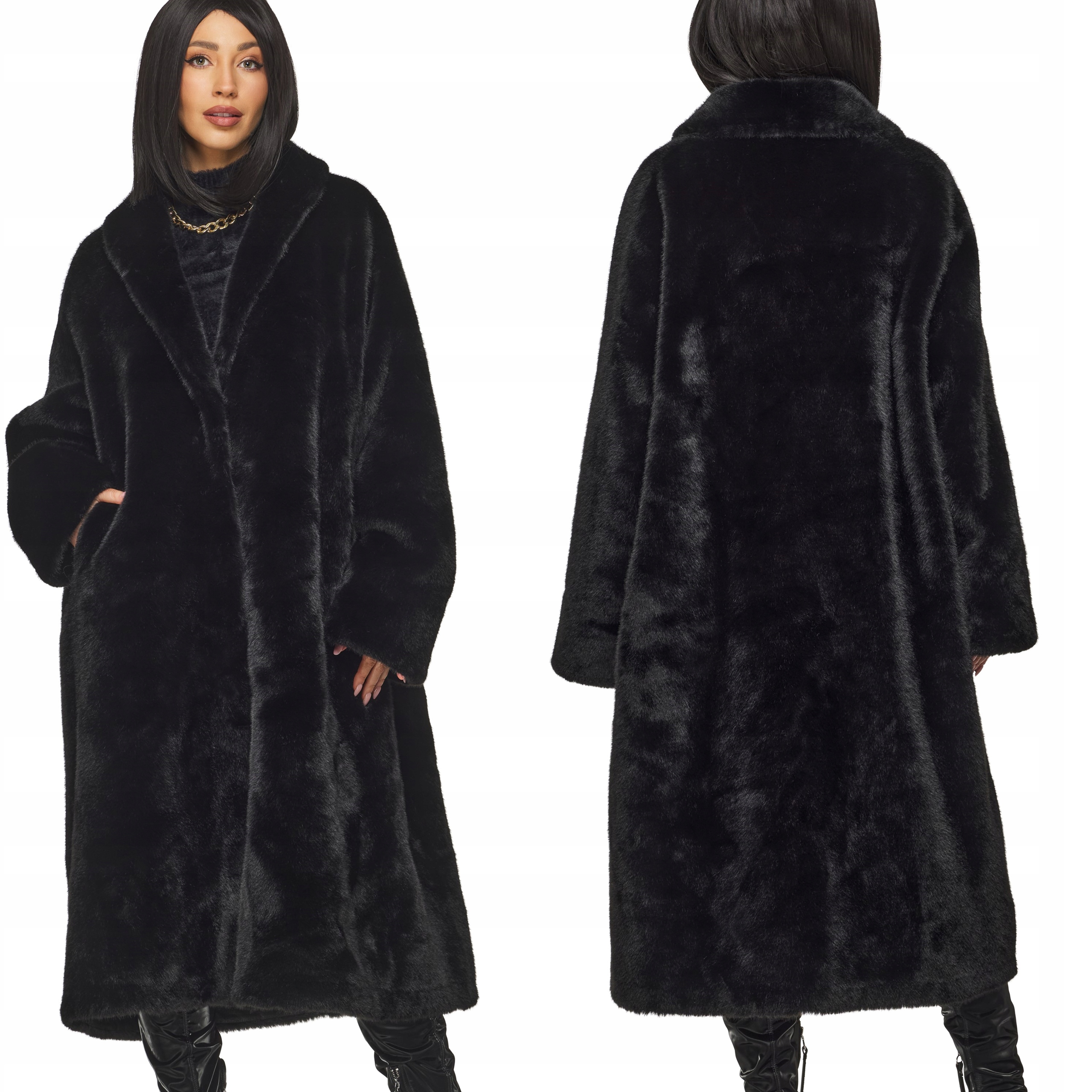 Dámský zimní Plášť s Kožešina teplý silný dlouhý pod kolena elegantní černý