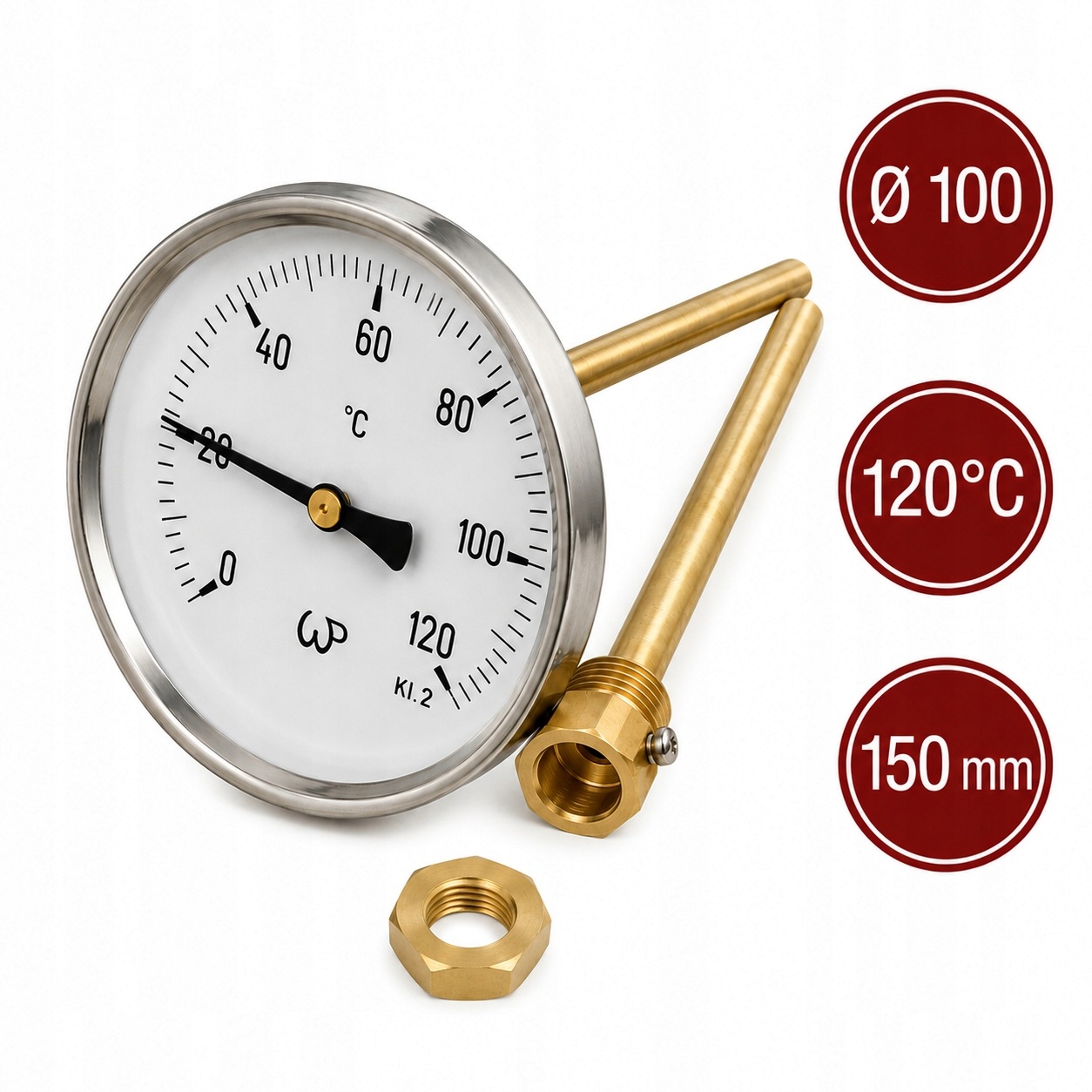 Bimetalový kotoučový teploměr TB100, 0-120°C R150, G1/2 matice