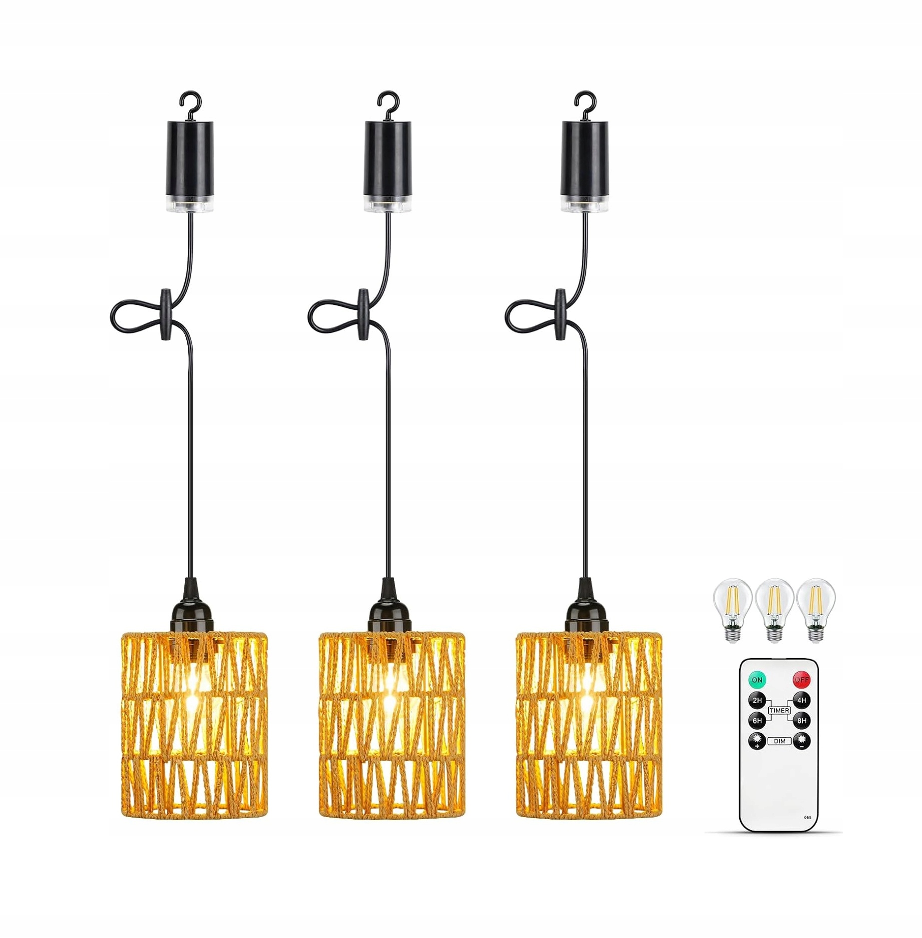 Vonkajšia Ratanová Lampa boho sada 3 ks záhradná závesná balkón diaľkový ovládač
