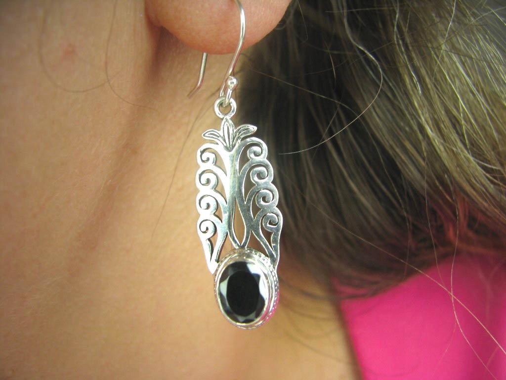 885 Długie 4.4cm Ażurowe Lekkie Kolczyki z onyksami czarny Onyks Srebro 925