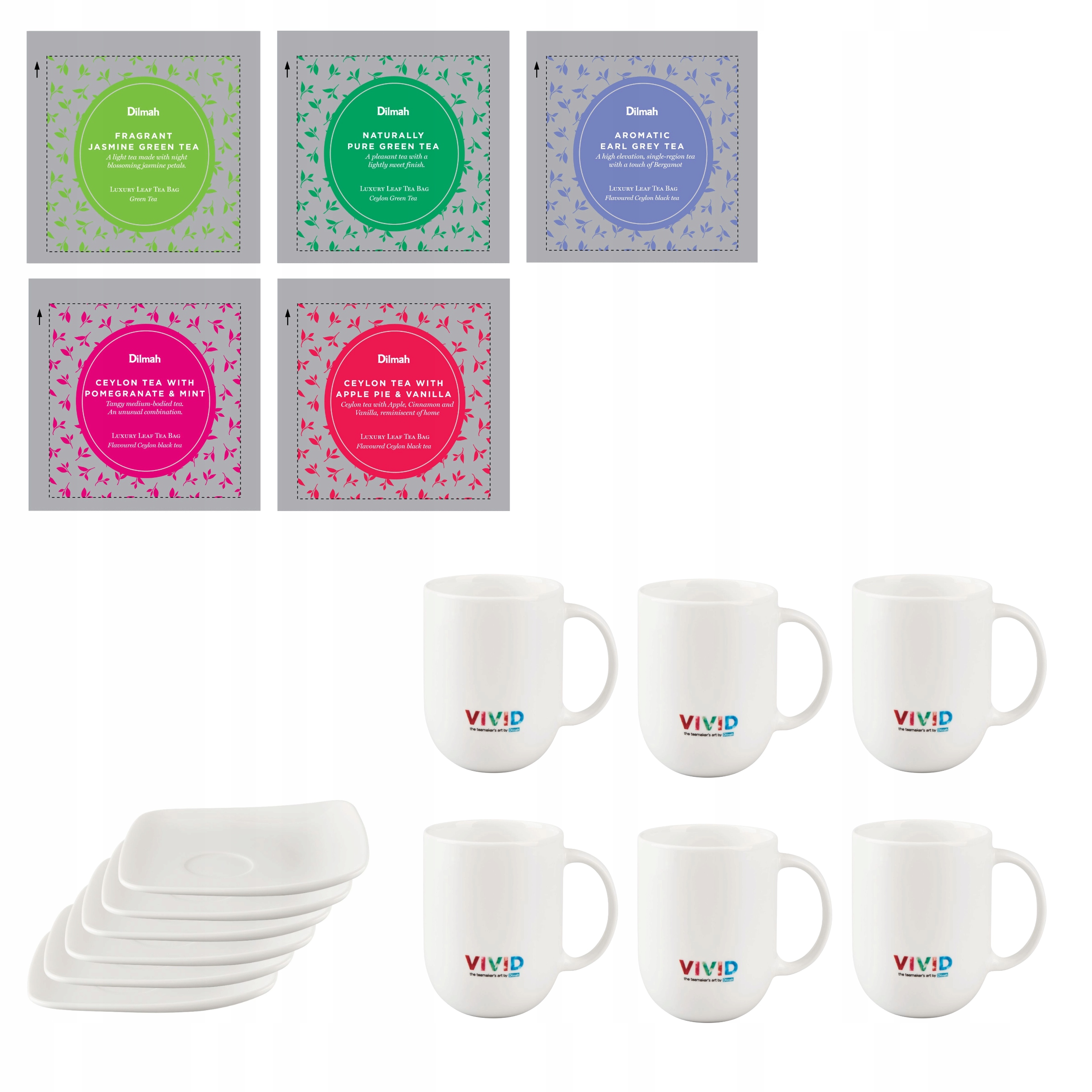 Zestaw Herbat Dilmah Vivid 5 Smaków 6 Kubków Porcelanowych ze Spodkiem