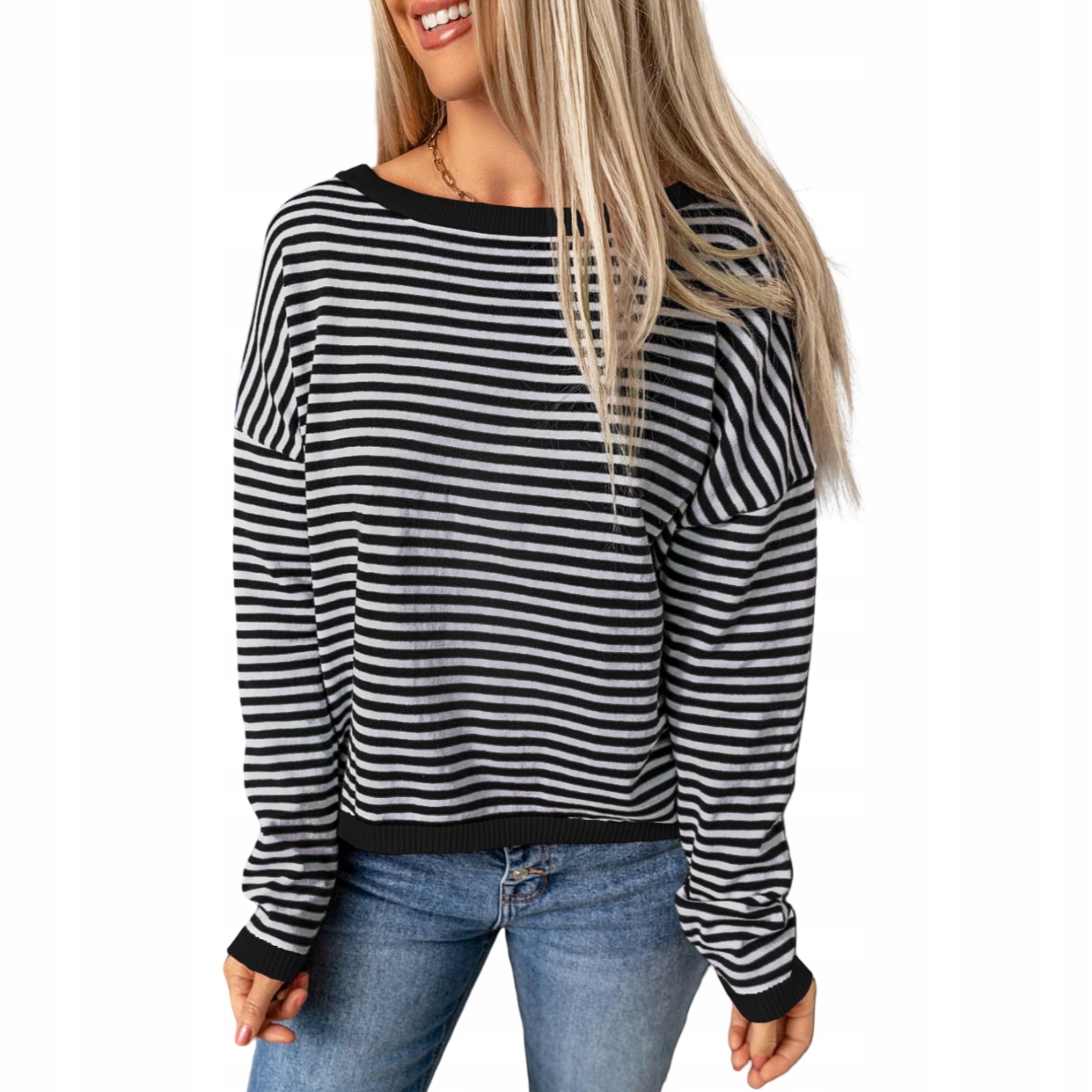 Damska Bluzka z Długim Rękawem Longsleeve w Paski Bawełna Biały Czarny S