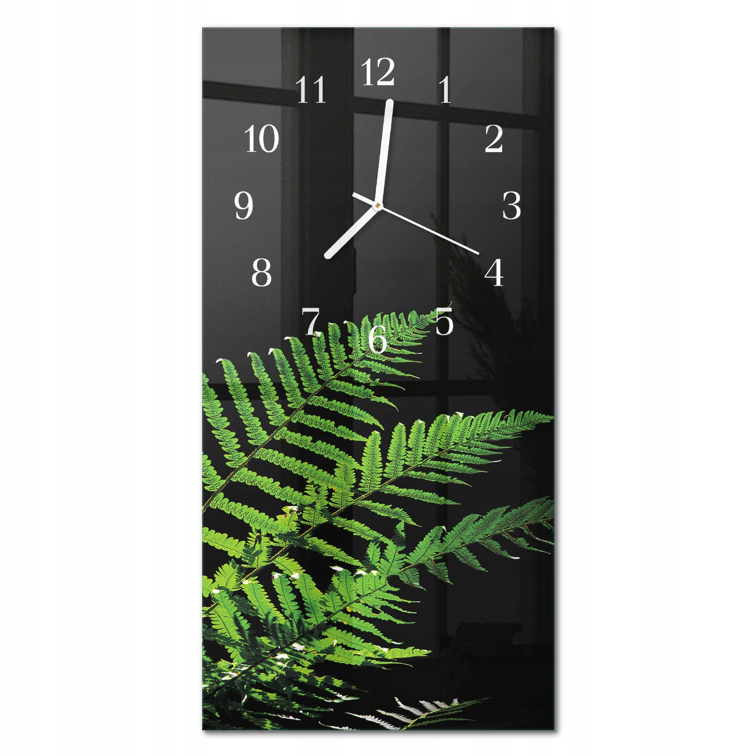 Designové vertikální skleněné hodiny do interiéru s grafikou kapradí 30x60 cm