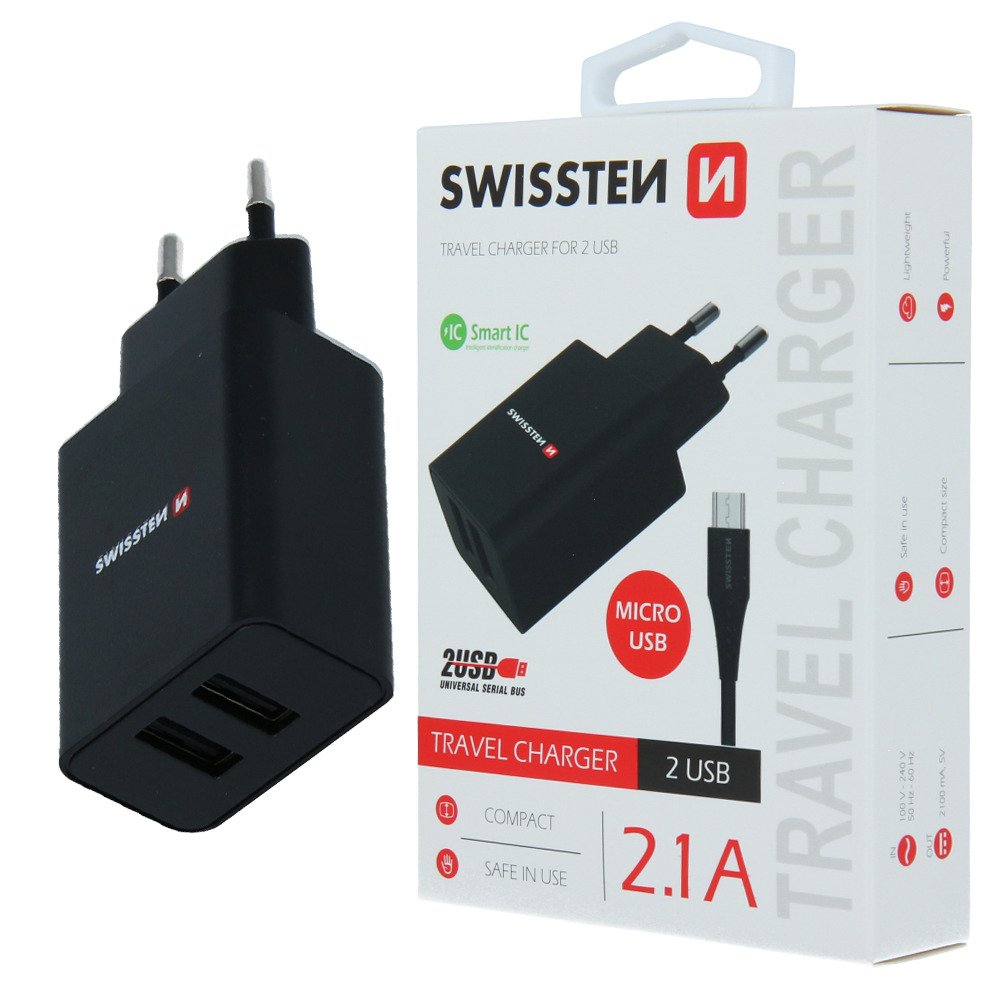 Ładowarka sieciowa Swissten Smart IC 2,1A Czarna Kabel Typu C