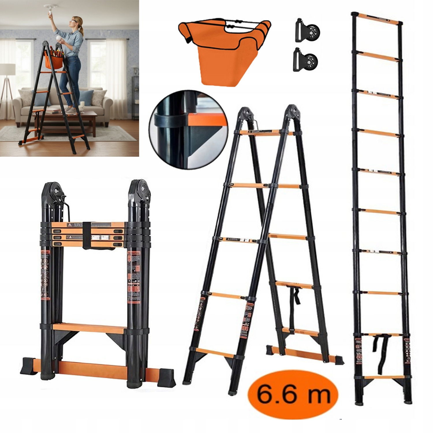 Teleskopické Lešení 4,2M 2,1M+2,1M Kloubové Skládací Pro Řezání Větví