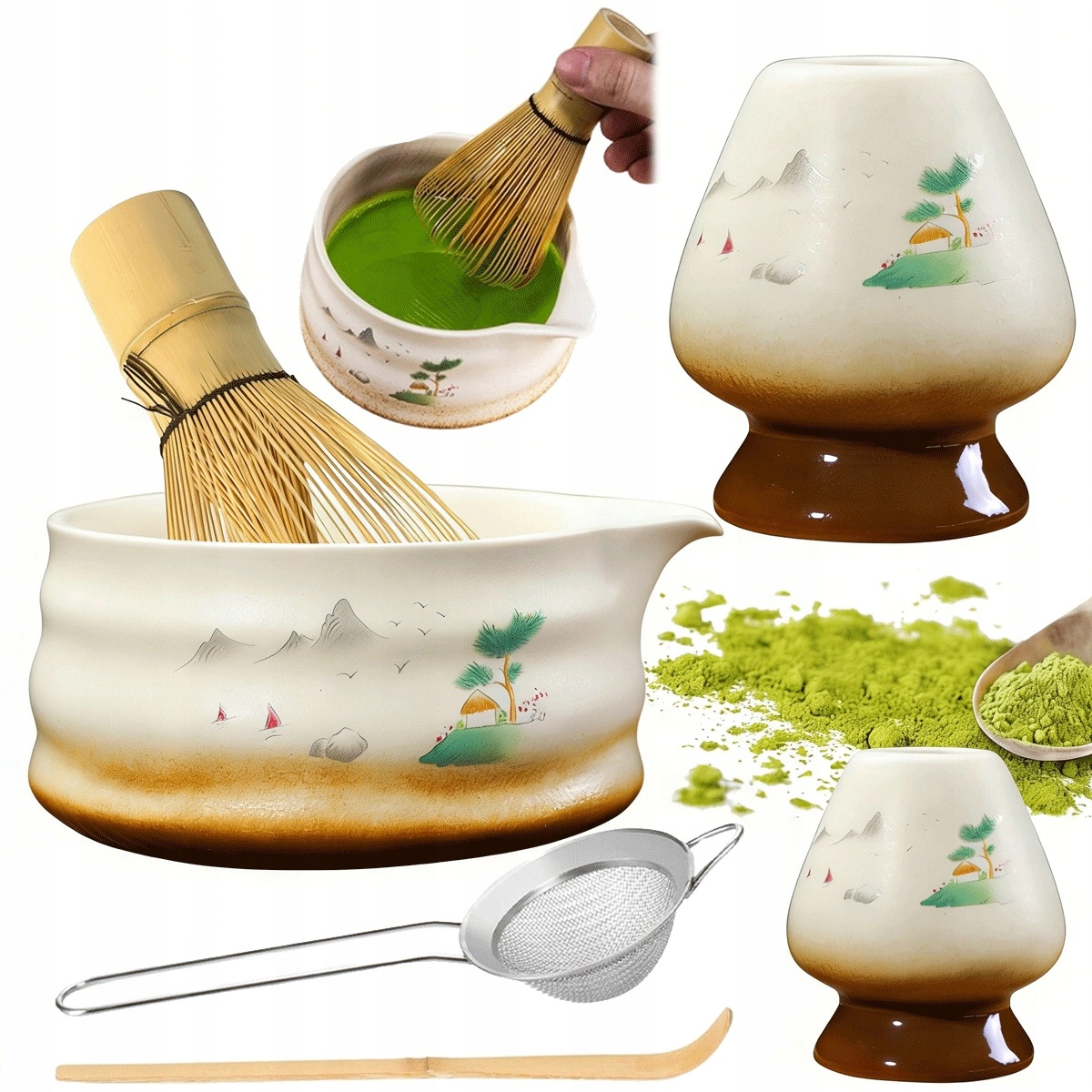 Sada na vaření matcha keramická bílá se sítkem a lžičkou na čaj