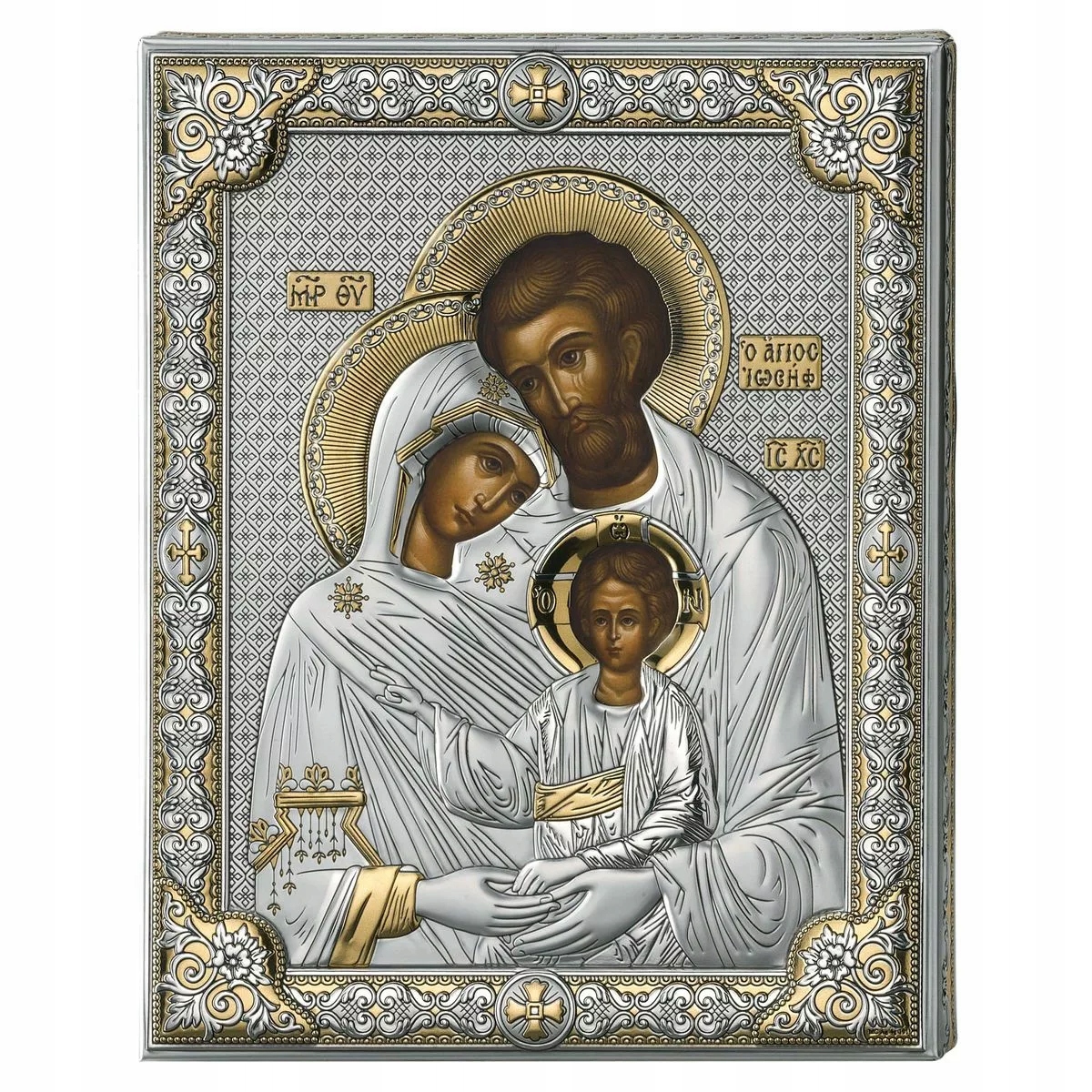 Ikona Świętej Rodziny ze srebra złocenia Rozmiar: 24x31 cm