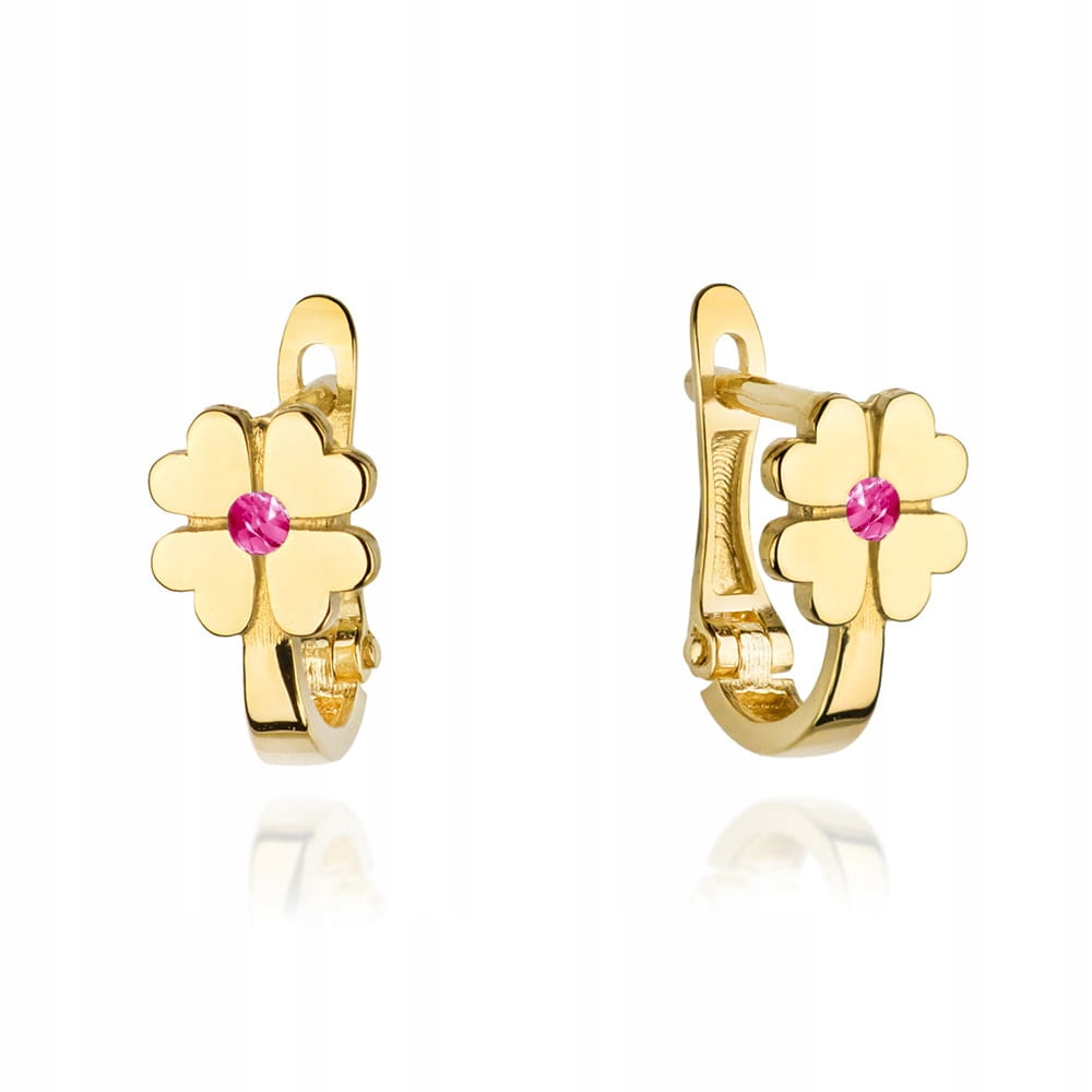 Dámské zlaté 585 náušnice s čtyřlístkem a růžovou zirkonií jetel