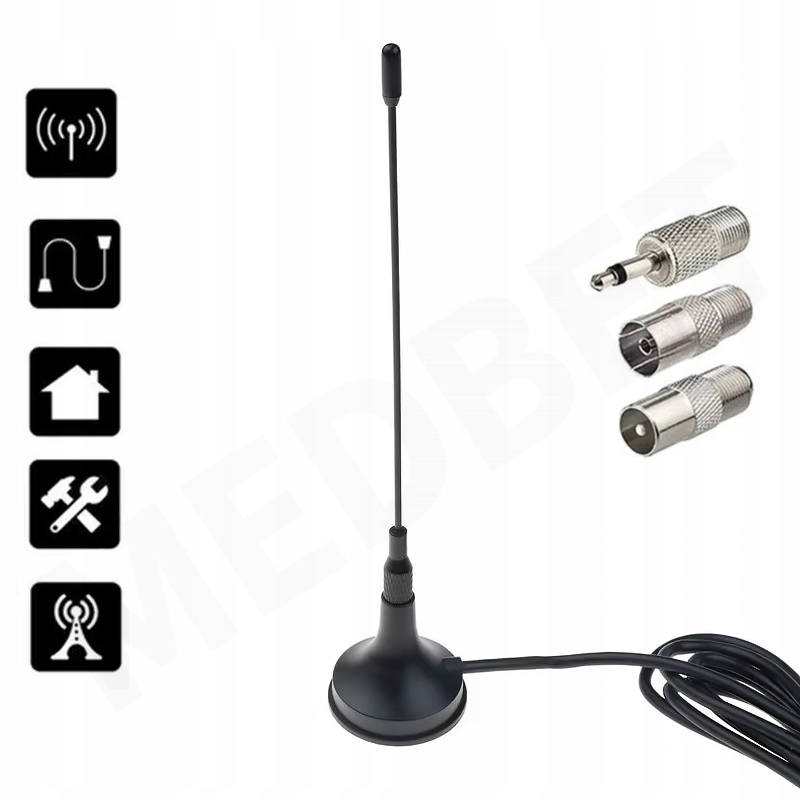 STOJĄCA ANTENA RADIOWA FM Z MAGNESEM DO KINA WIEŻY RADIA TELEFON+4 KOŃCÓWKI