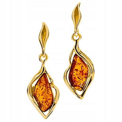 Zlaté Náušnice ze stříbra 925 pozlacené Dlouhé s přírodním Baltský Jantar
