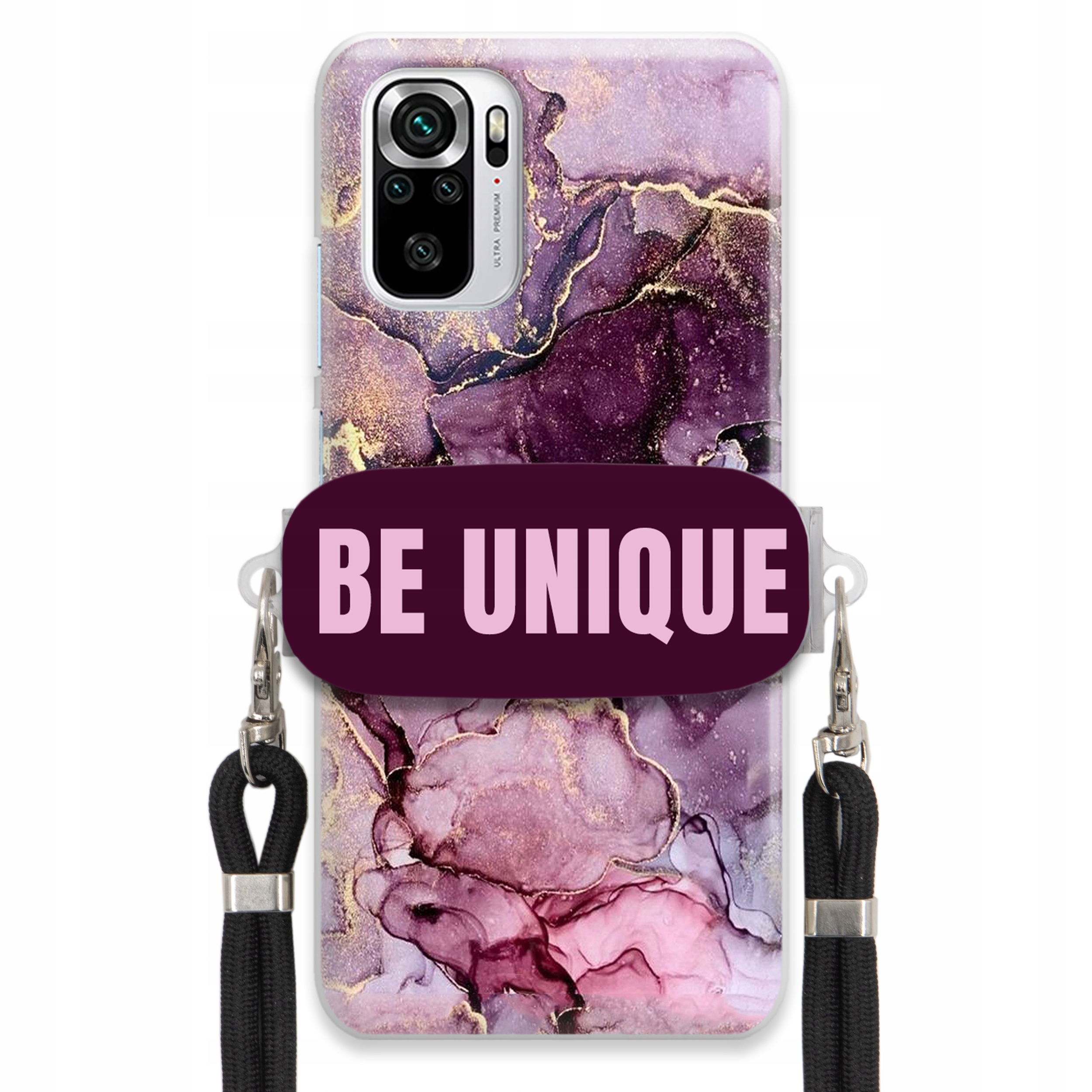 Puzdro pre Xiaomi Redmi Note 10S Úchyt Šnúrka Čierna Unique Fialová Mramor