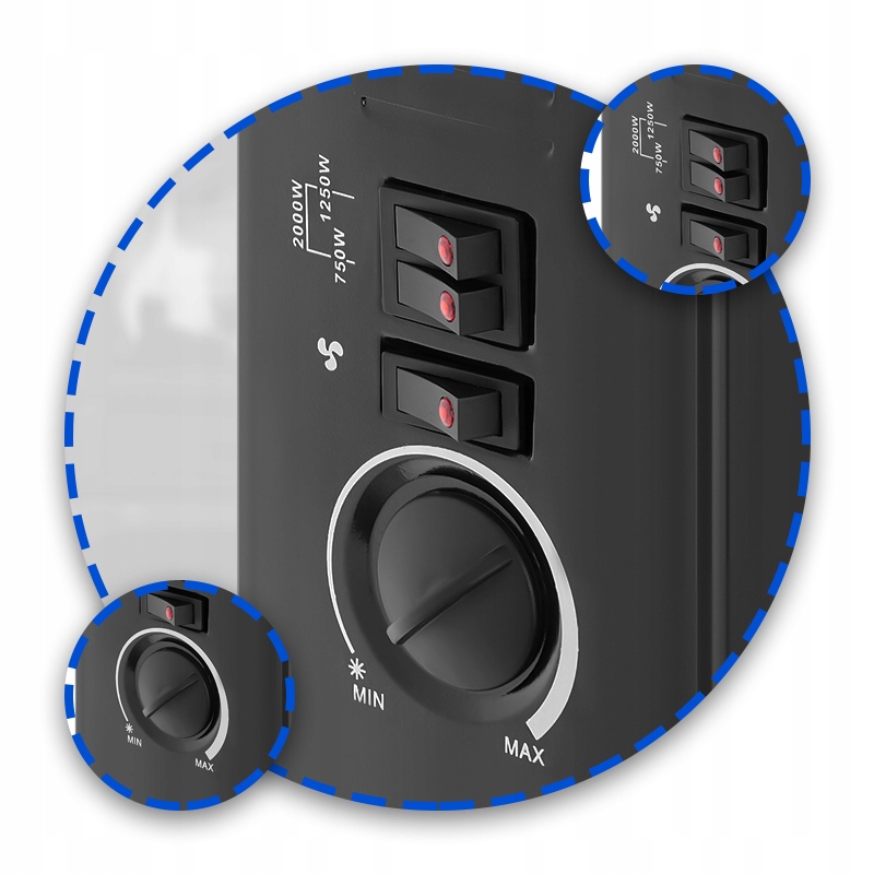 GRZEJNIK ELEKTRYCZNY KONWEKTOROWY TERMOSTAT 3 TRYBY 750W 1250W 2000W NAWIEW Kolor czarny