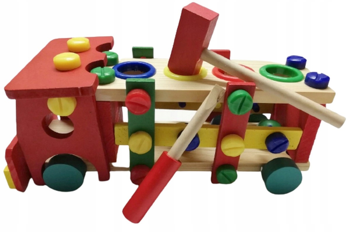 

Drewniane autko edukacyjne narzędzia młotek kulki