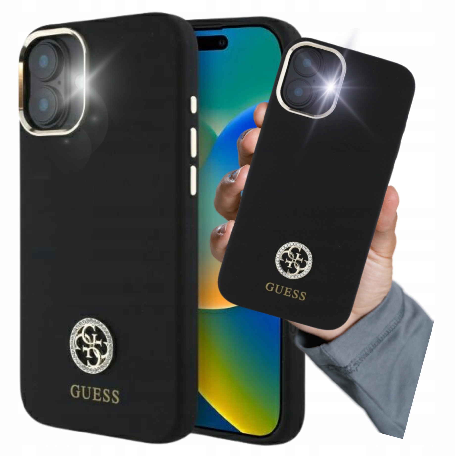 Etui Guess Silicone Logo Strass 4G na iPhone 16 czarne Guess