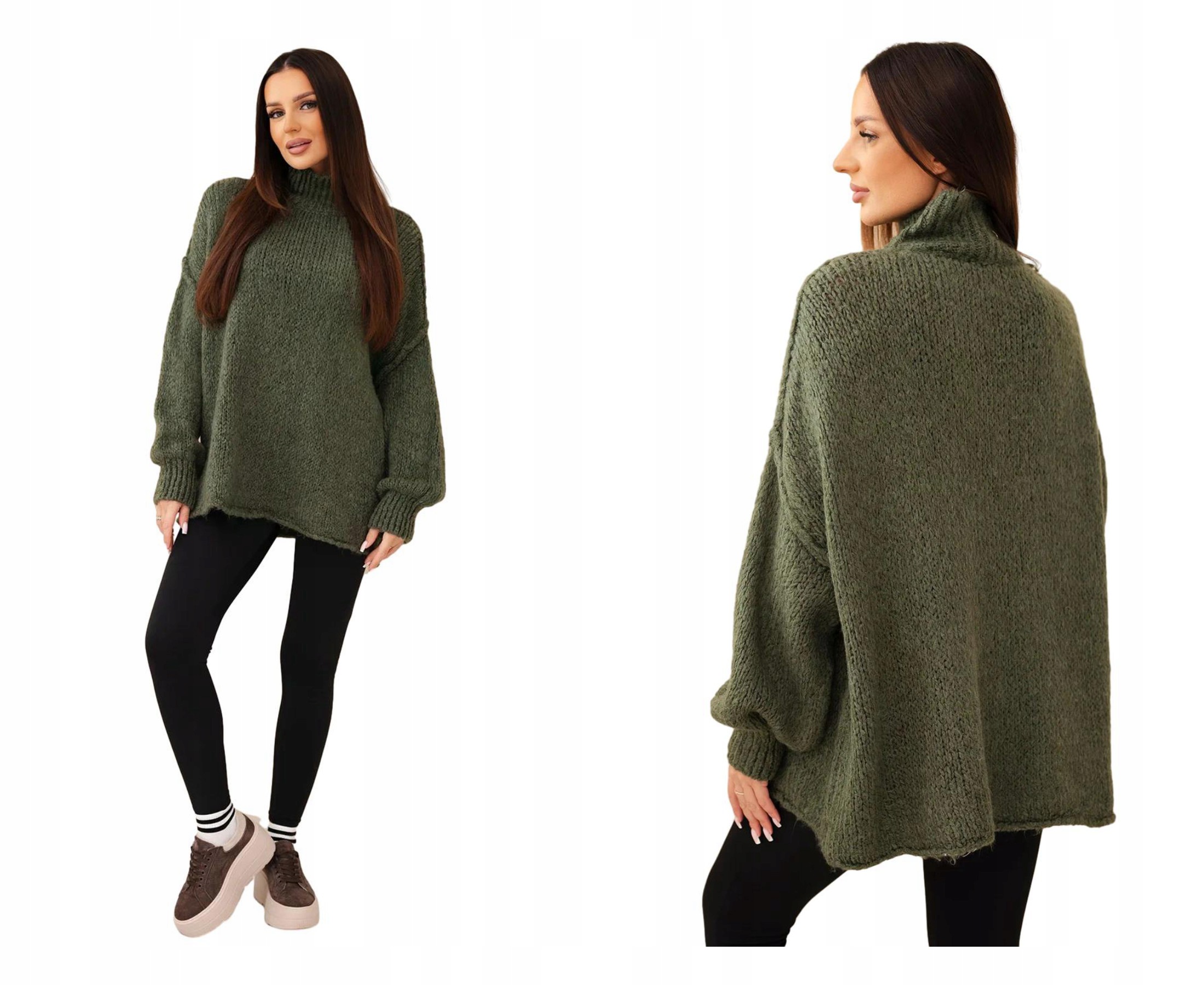 Dámský oversize svetr s rolákem a vlnou, široké rukávy, italský khaki